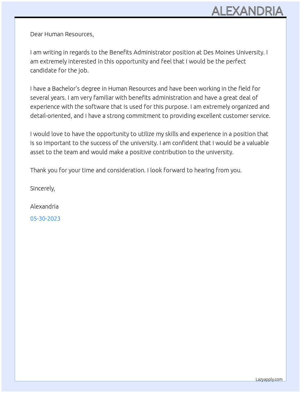 Benefits Administrator At Des Moines University Cover Letter