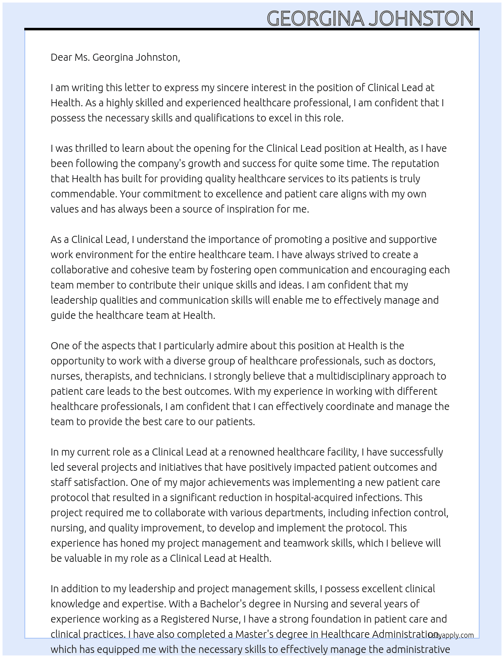 Clinical lead At Health Cover Letter