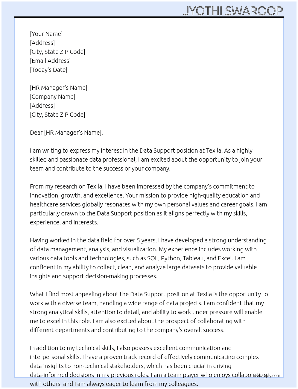Data support At Texila Cover Letter