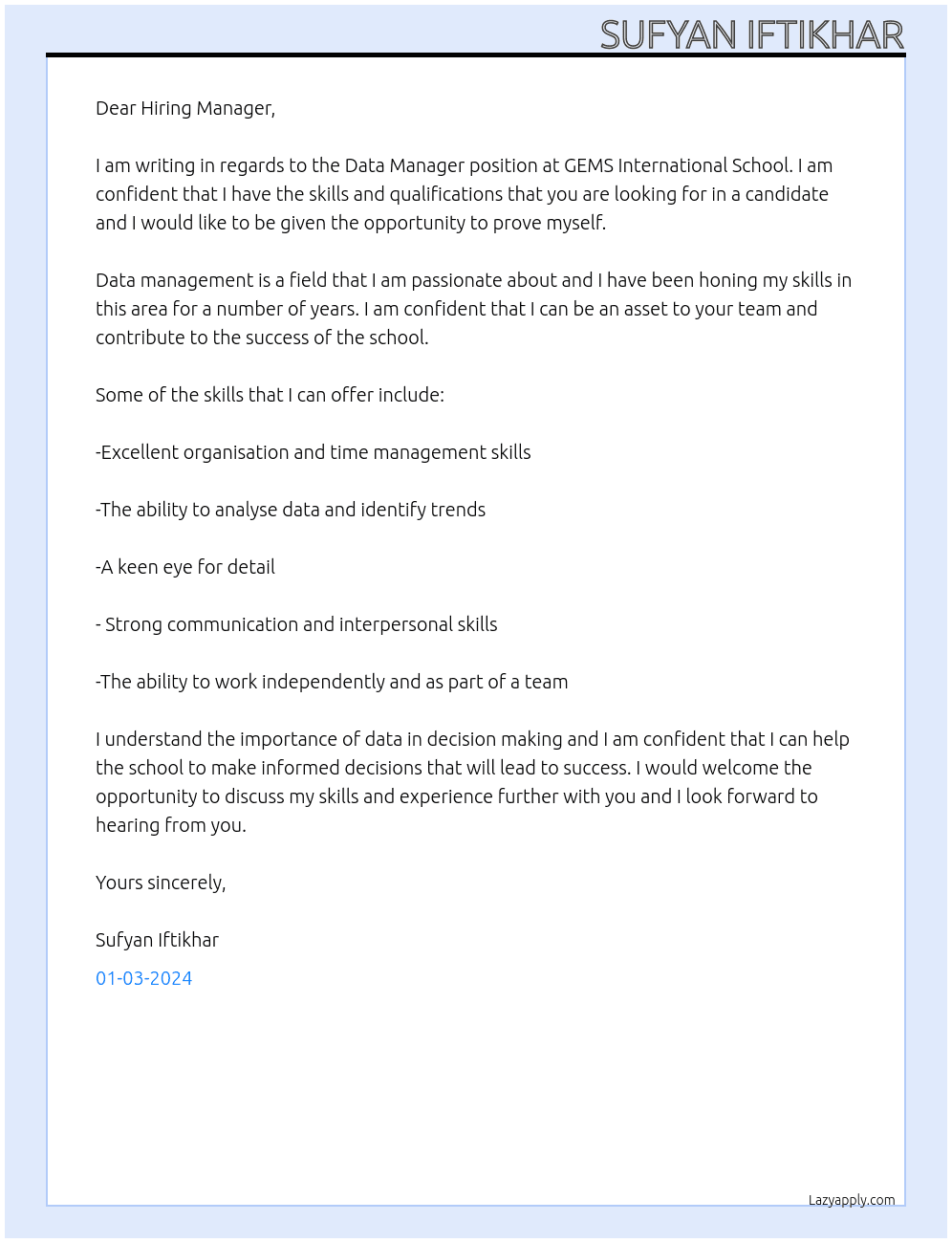 Data Manager At GEMS International School Cover Letter