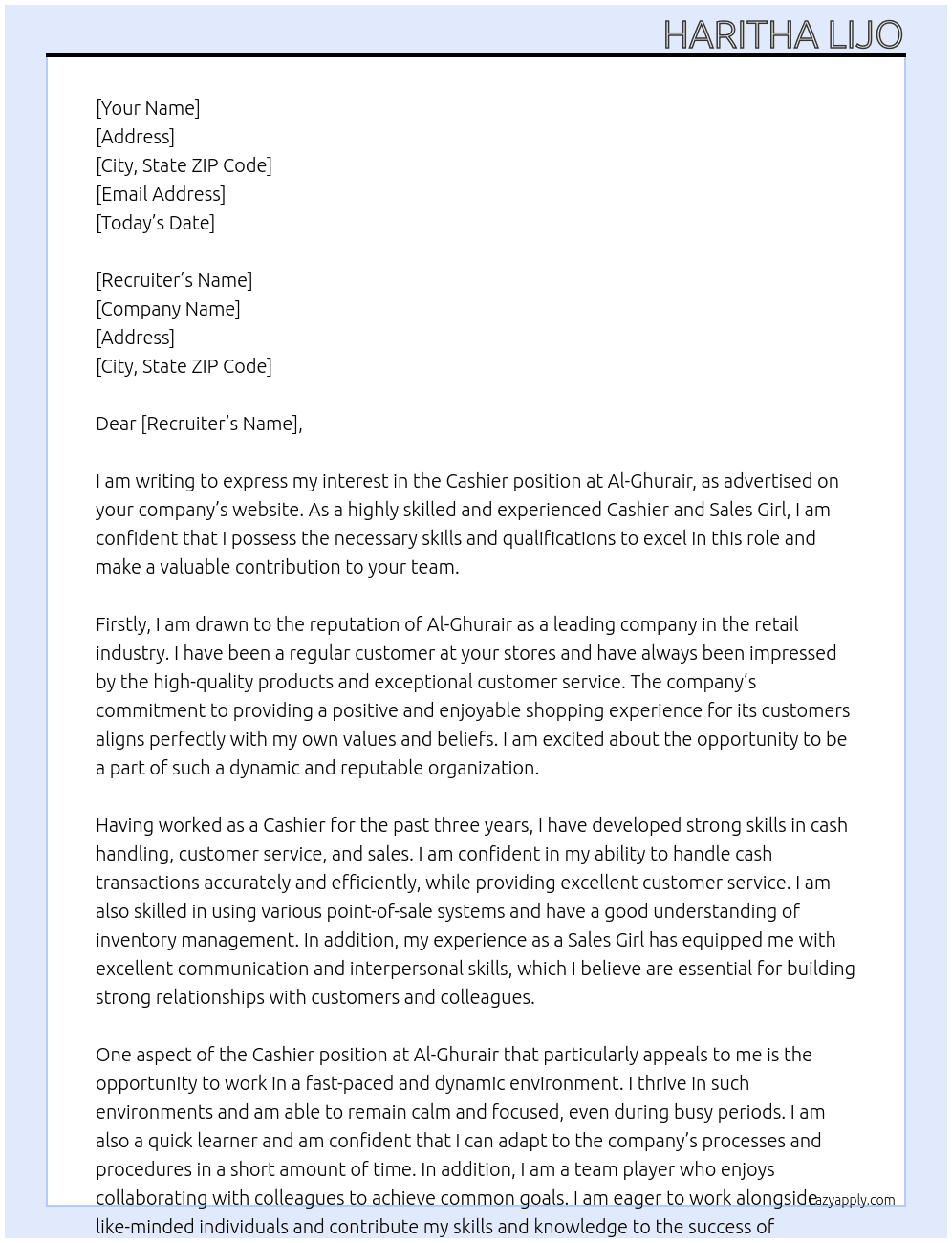 Cashier  At Al-Ghurair Cover Letter