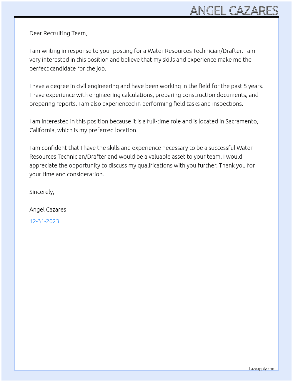 Water Resources Technician/Drafter At MBK Engineers Cover Letter