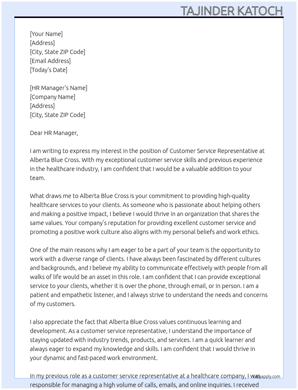 customer service representative At Alberta Blue Cross Cover Letter