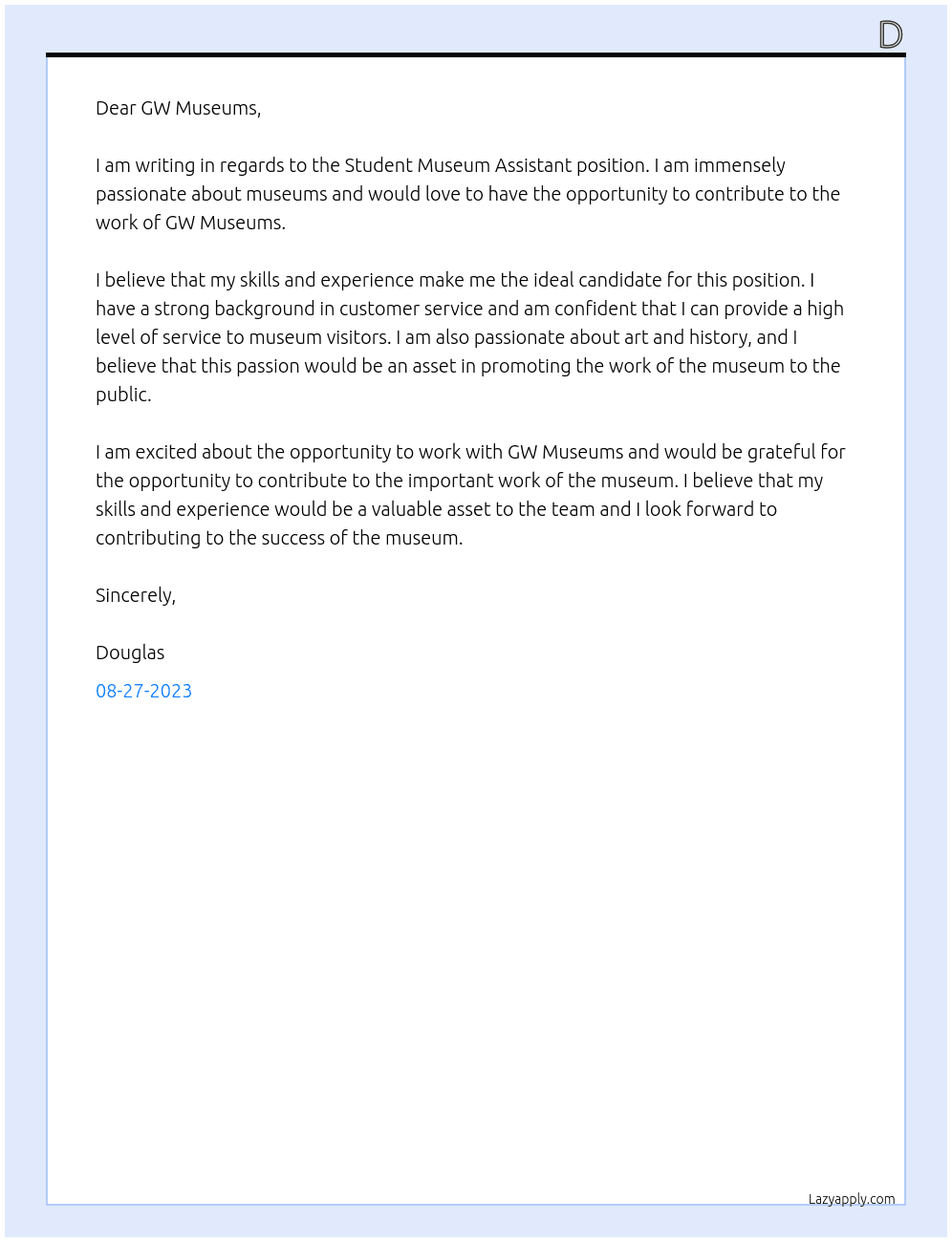 Student Museum Assistant At GW Museums Cover Letter