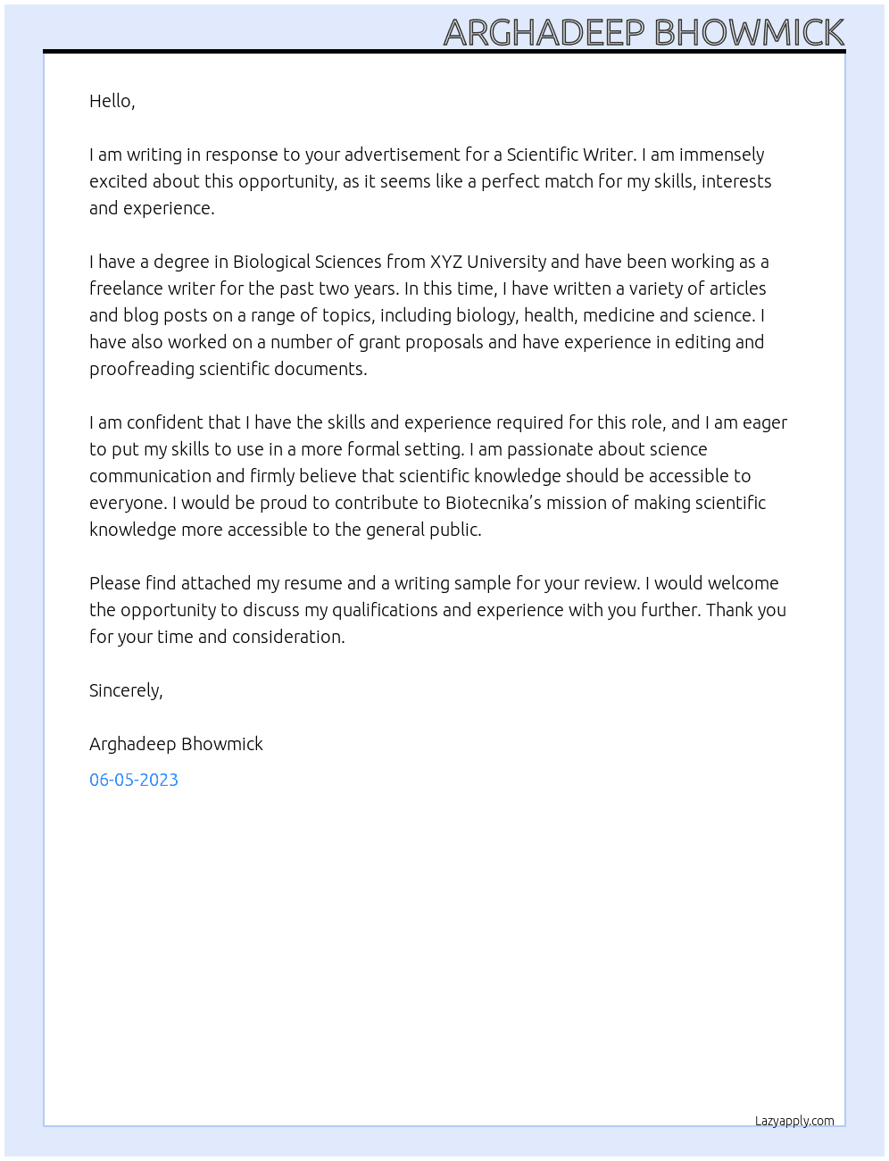 Scientific writer  At Biotecnika Cover Letter