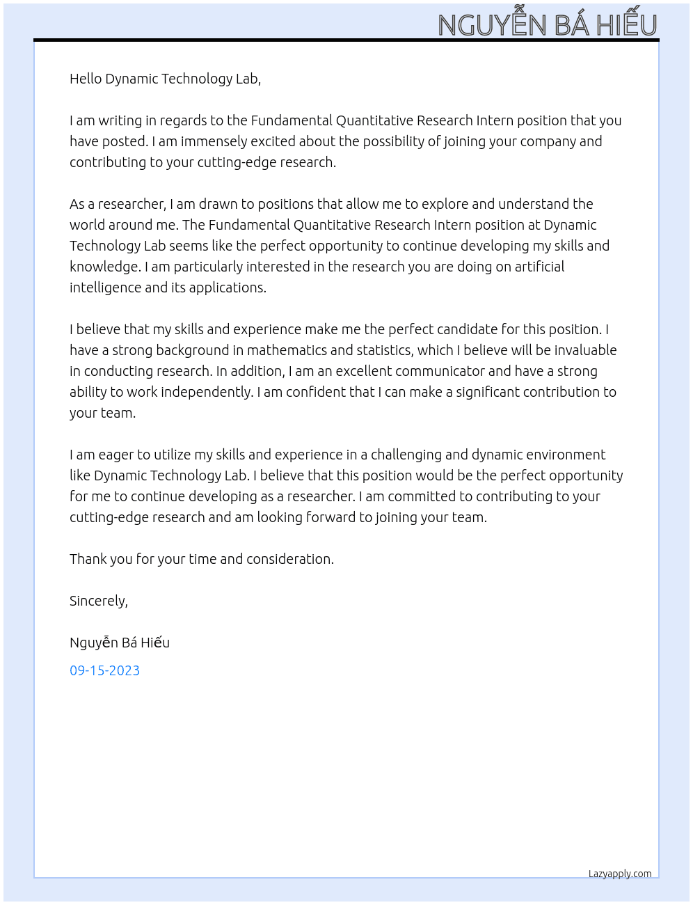 FUNDAMENTAL QUANTITATIVE RESEARCHER INTERN At Dynamic Technology Lab Cover Letter