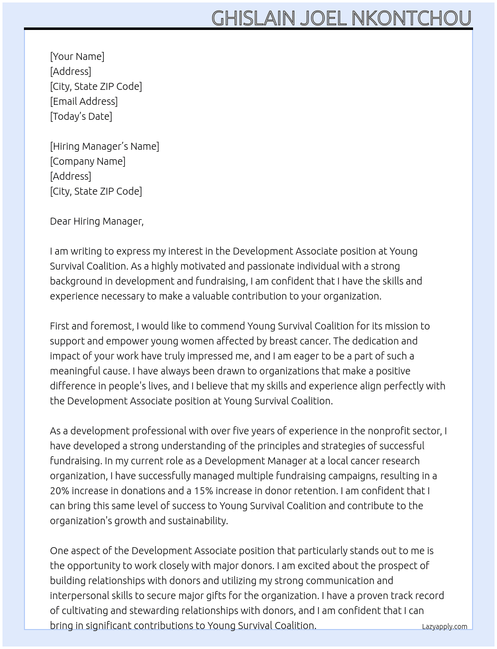 Development Associate At Young Survival Coalition Cover Letter