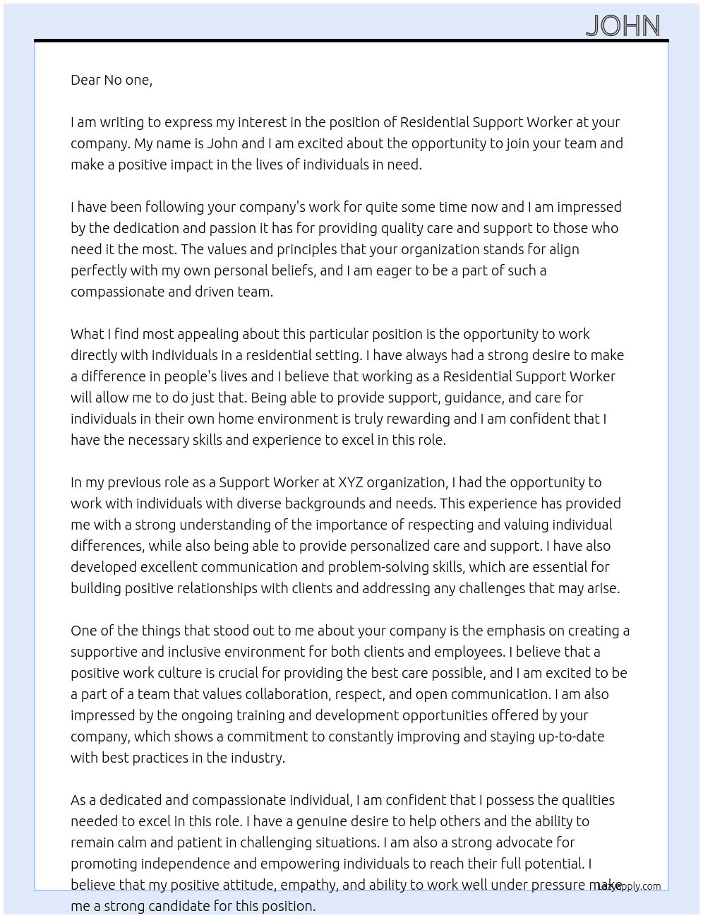 Residential support worker  At N/A Cover Letter