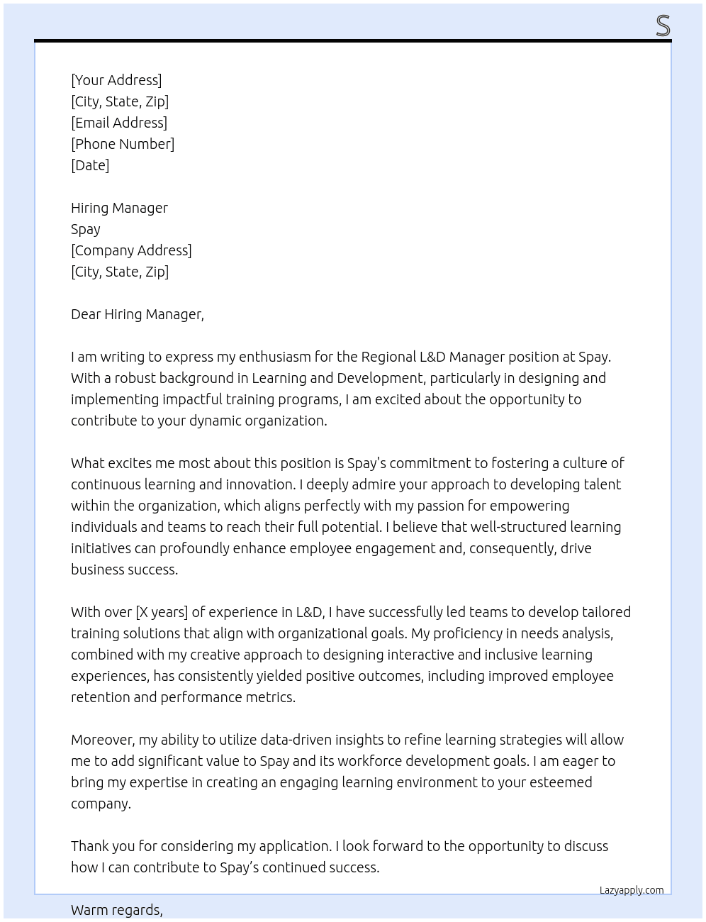 Regional L&D Manager At Spay Cover Letter