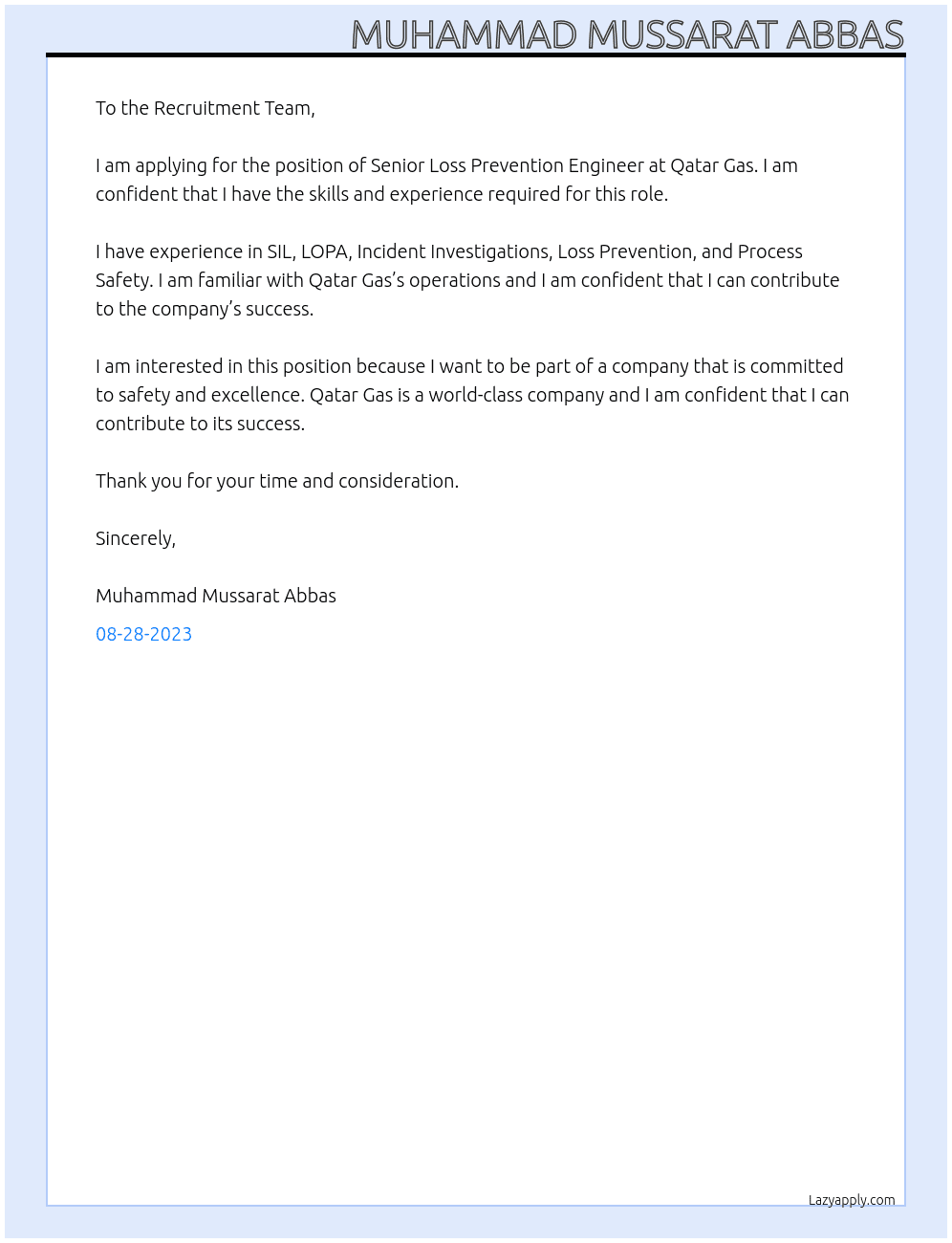 Senior Loss Prevention Engineer At Qatar Gas Cover Letter