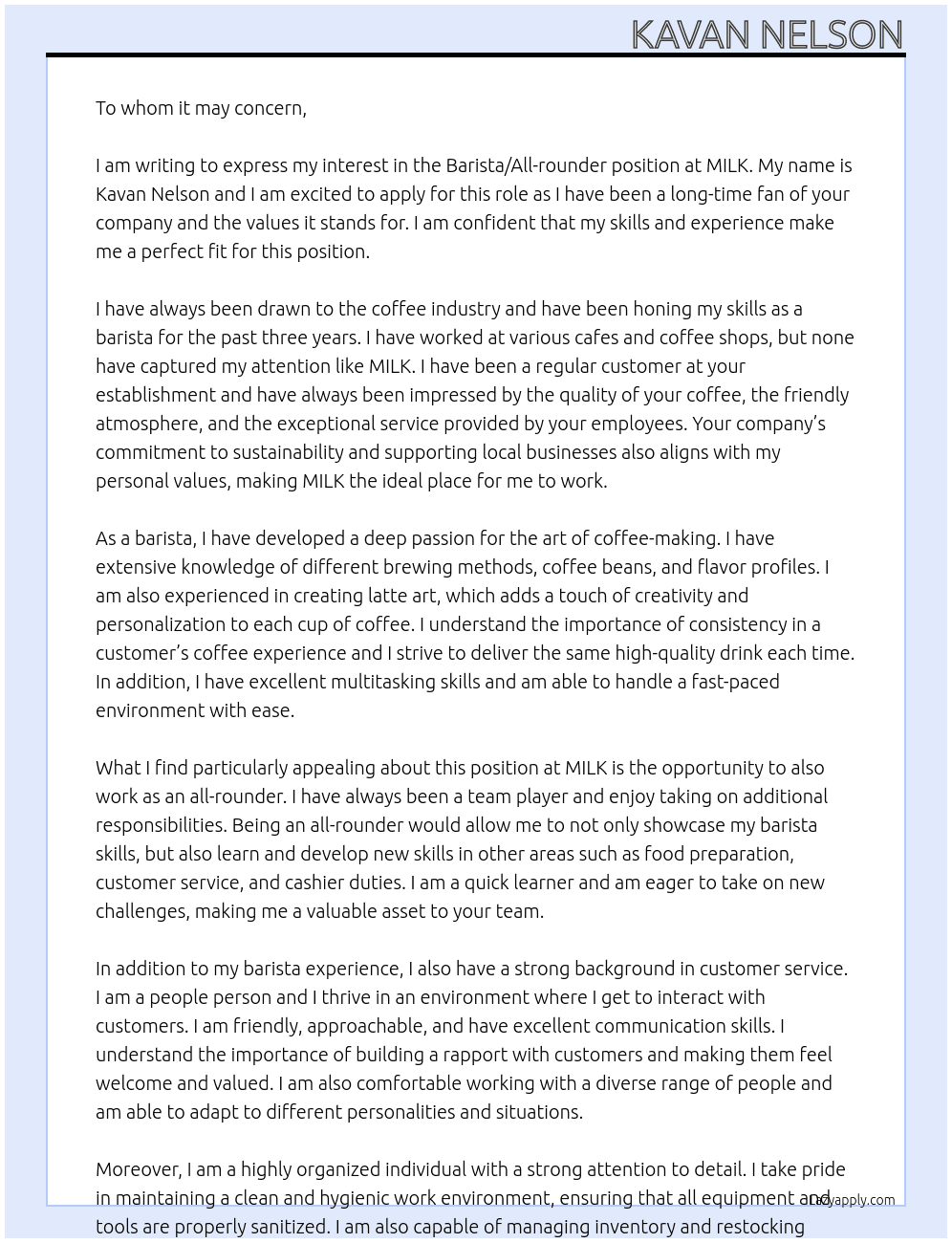 Barista/All-rounder At MILK Cover Letter