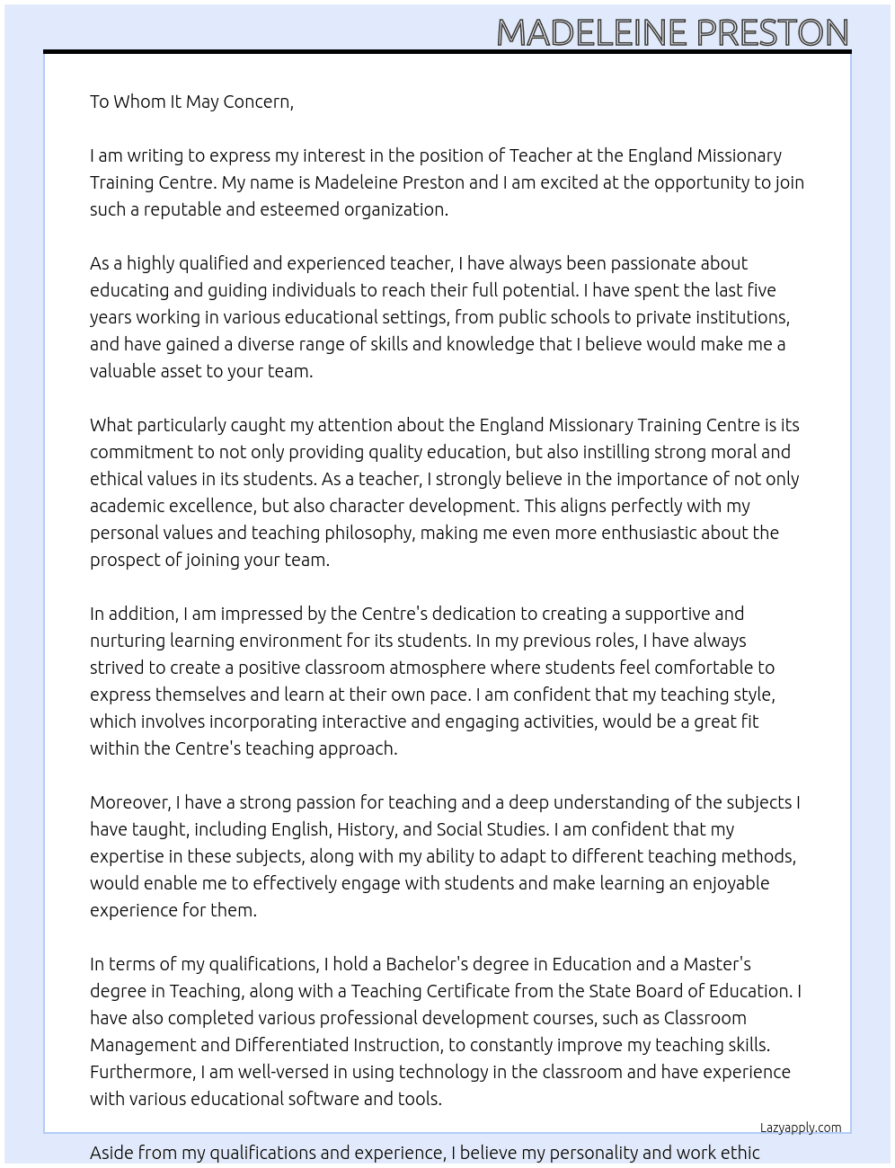 Teacher At England Missionary Training Centre Cover Letter