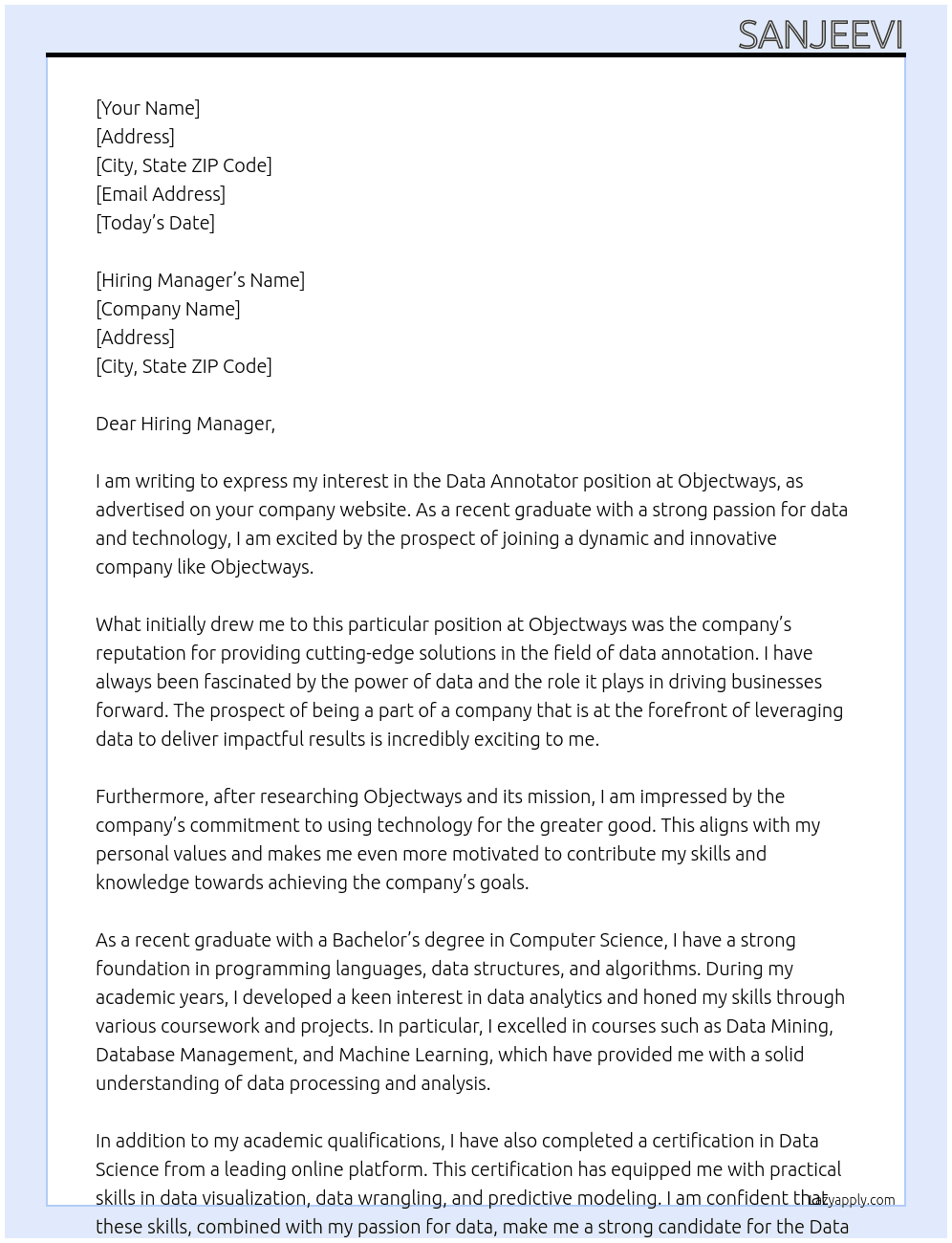 Data annotator as fresher At Objectways Cover Letter