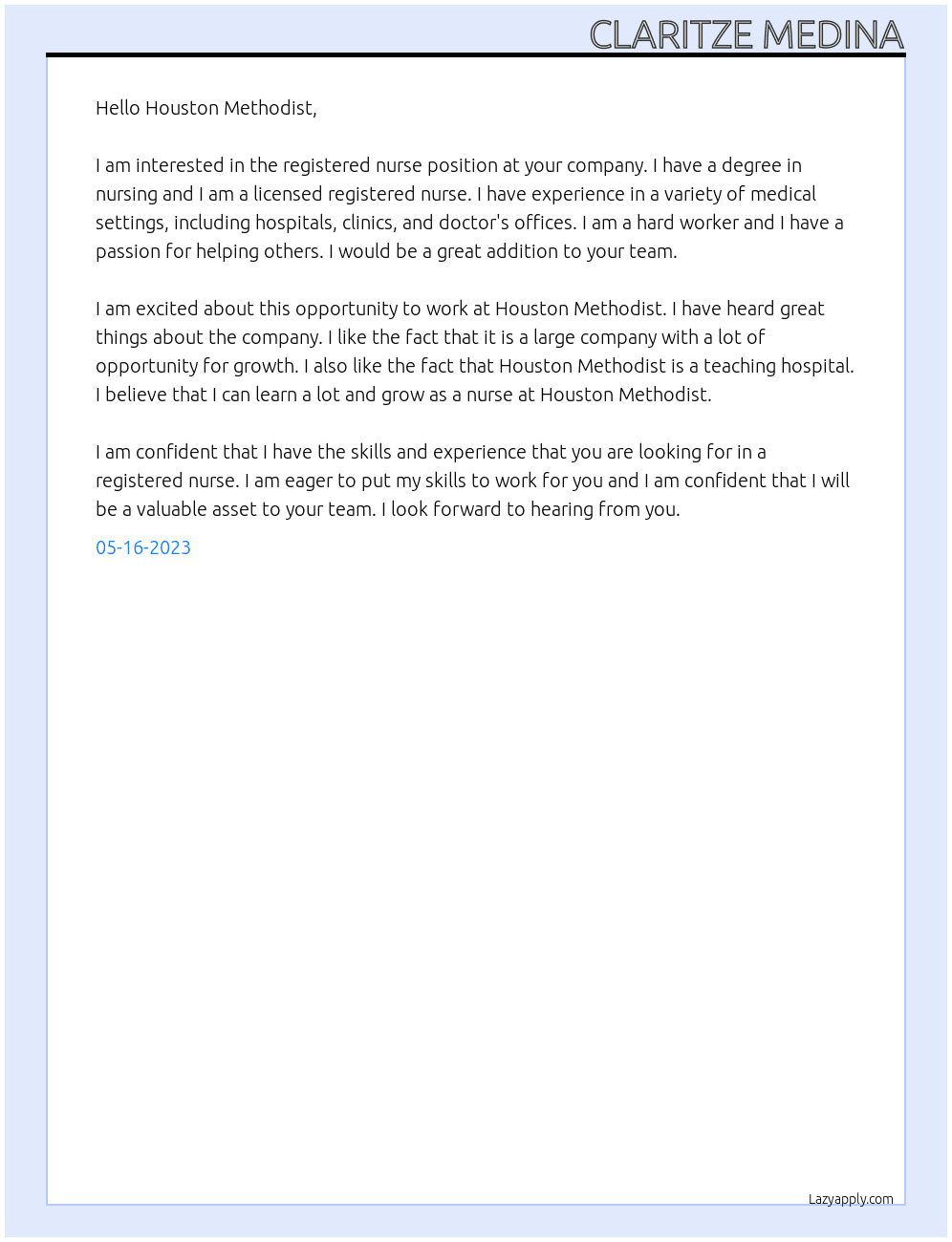 registered nurse At houston methodist Cover Letter