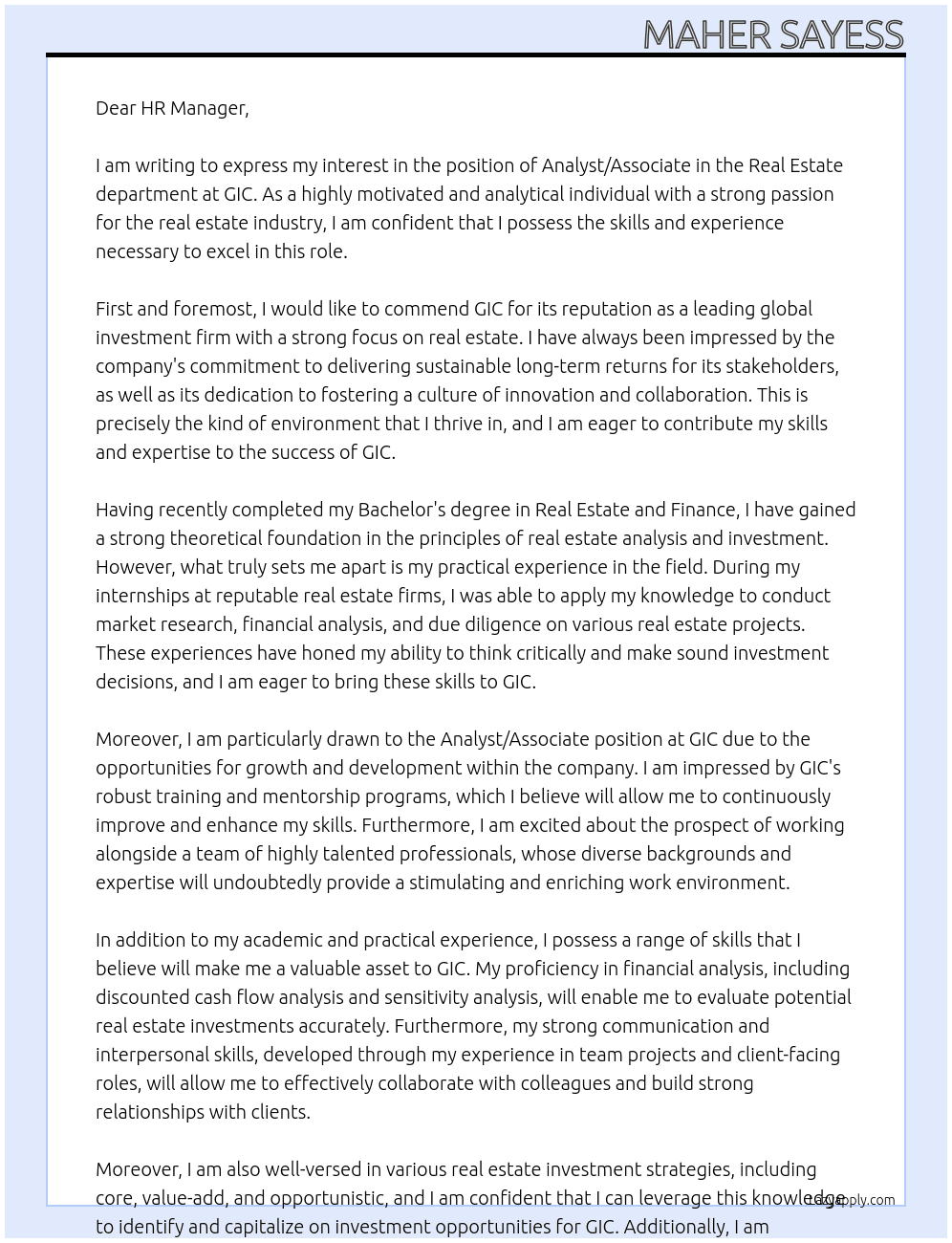Cover letter for analyst/associate, real estate - LazyApply