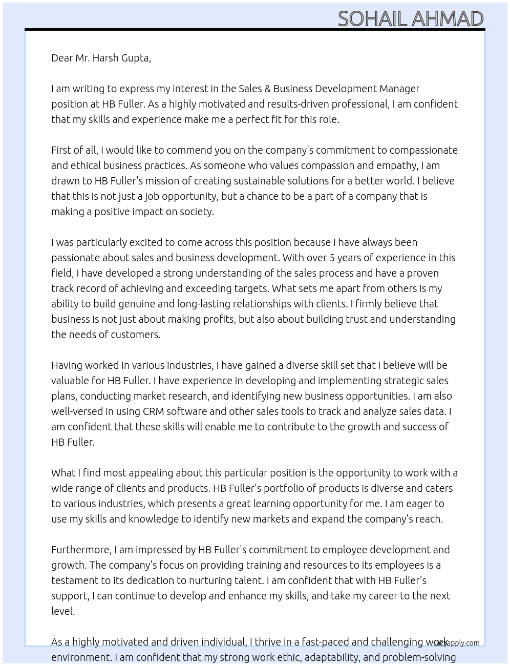 Sales & Business Development Manager At HB Fuller Cover Letter