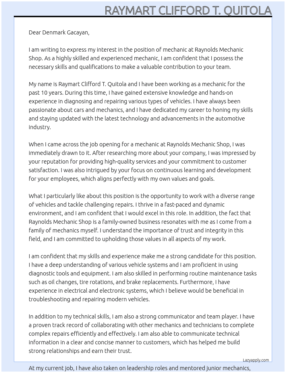 mechanic At raynolds mechanic shop Cover Letter