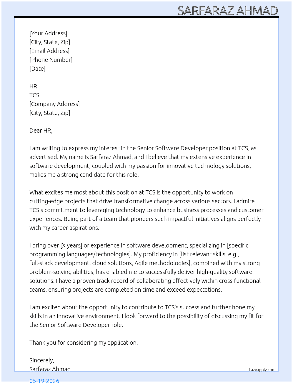 Senior Software Developer At TCS Cover Letter
