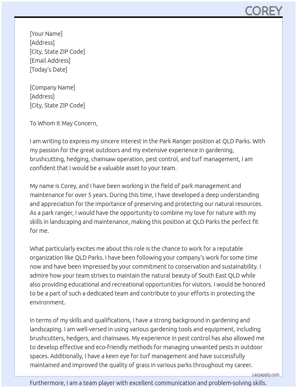 Park Ranger At QLD Parks Cover Letter