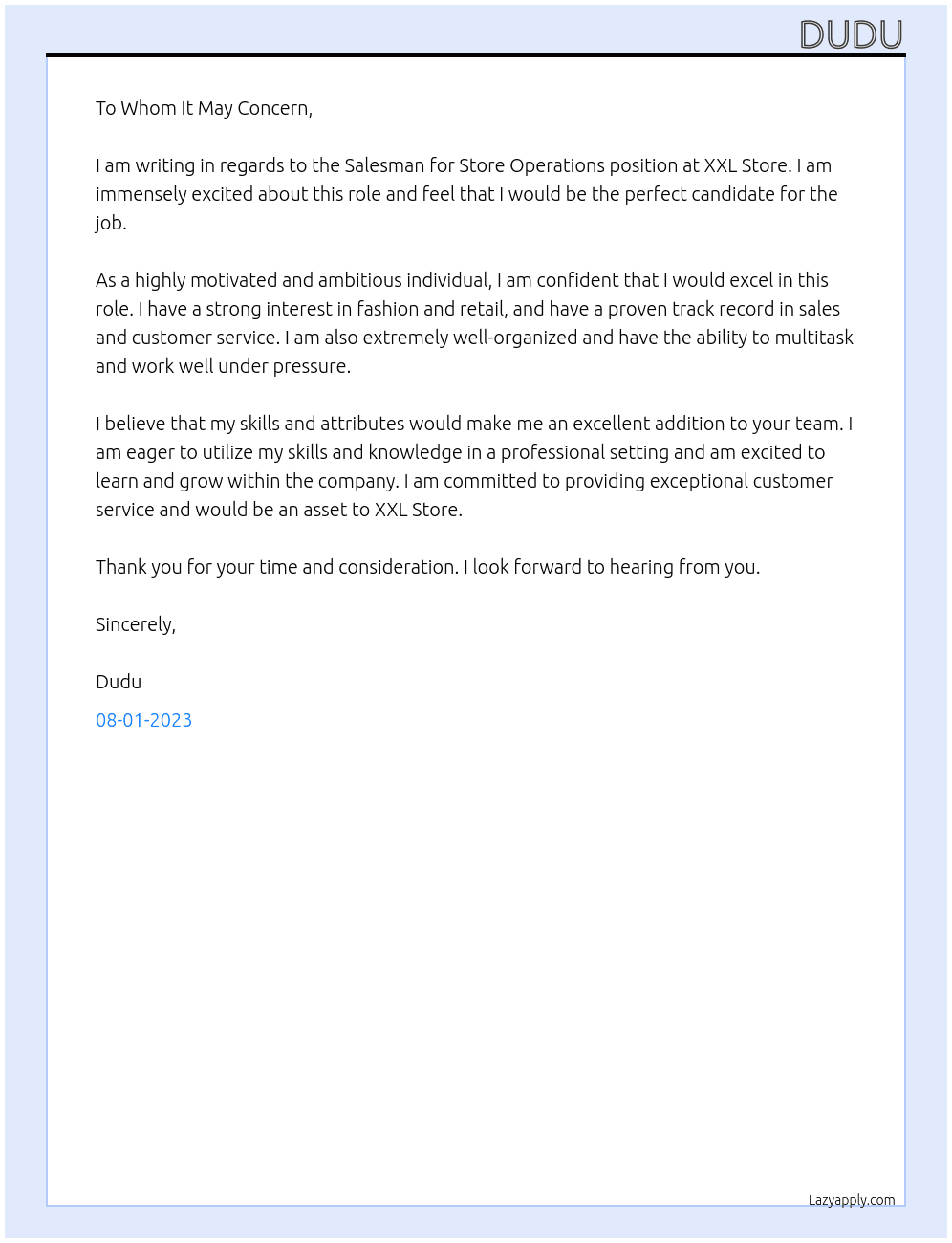 SALESMAN FOR STORE OPERATIONS  At XXL Store Cover Letter