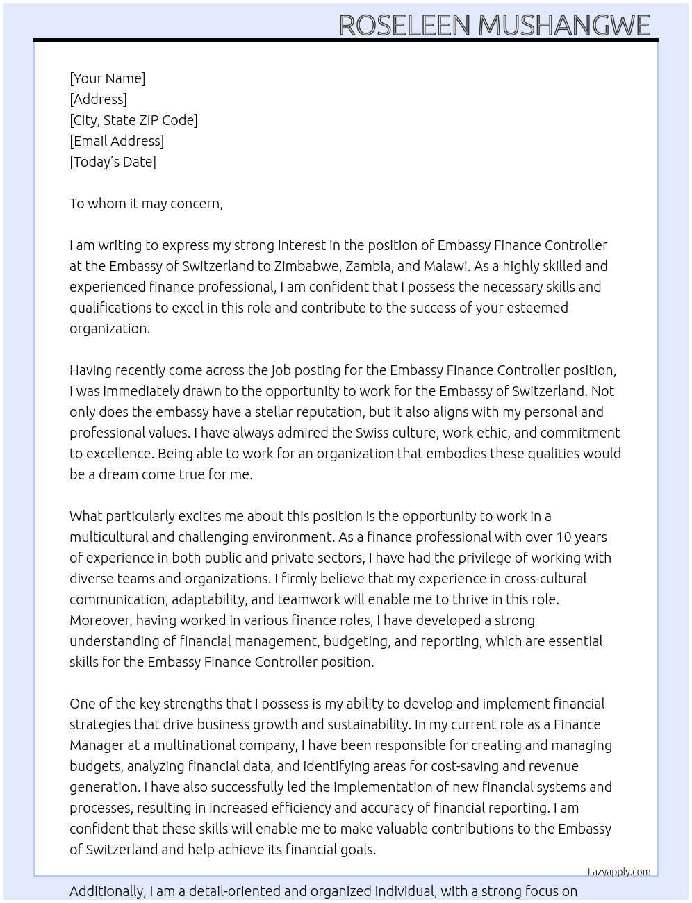 Embassy Finance Controller At Embassy of Switzerland to Zimbabwe ,Zambia and Malawi. Cover Letter