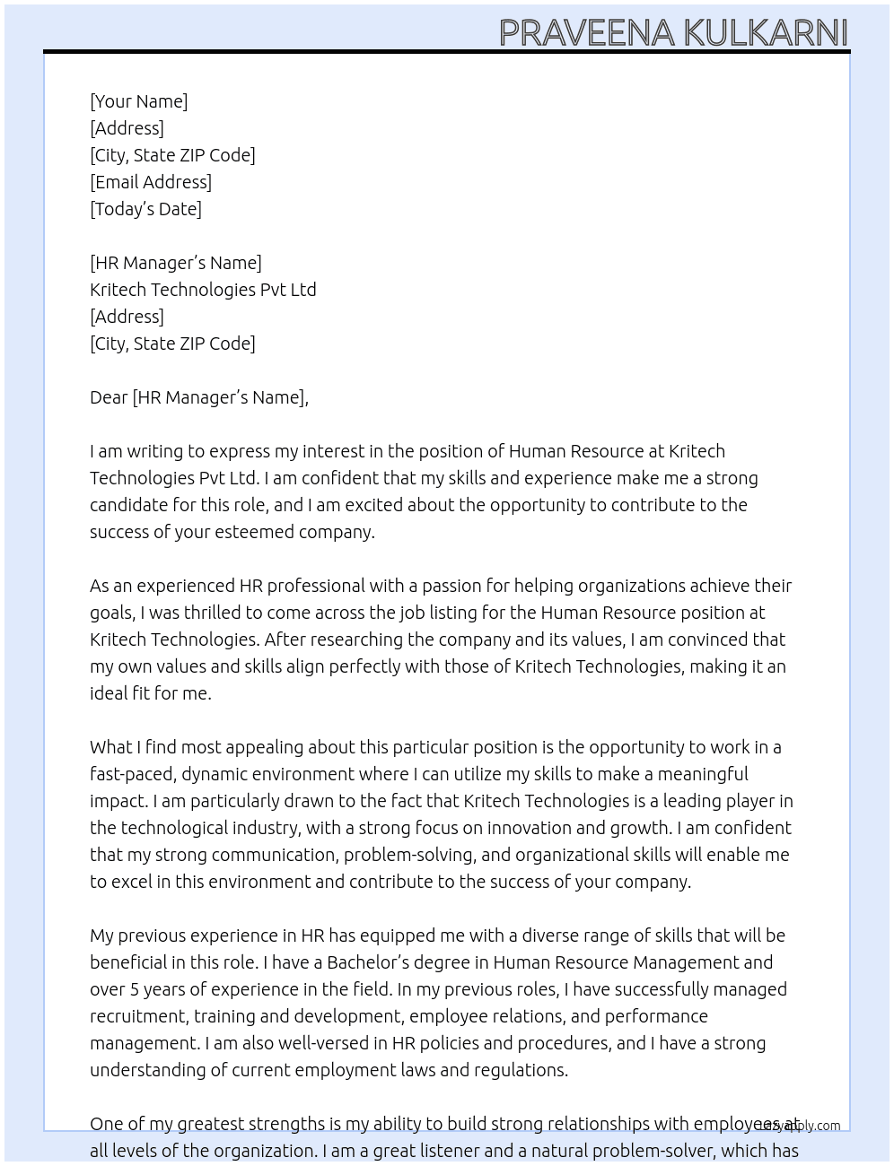 human resource At Kritech Technologies Pvt Ltd Cover Letter