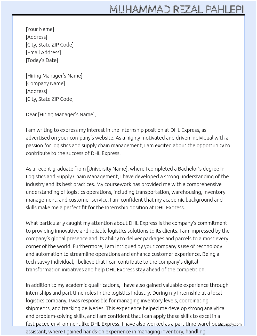 Internship At DHL Express Cover Letter
