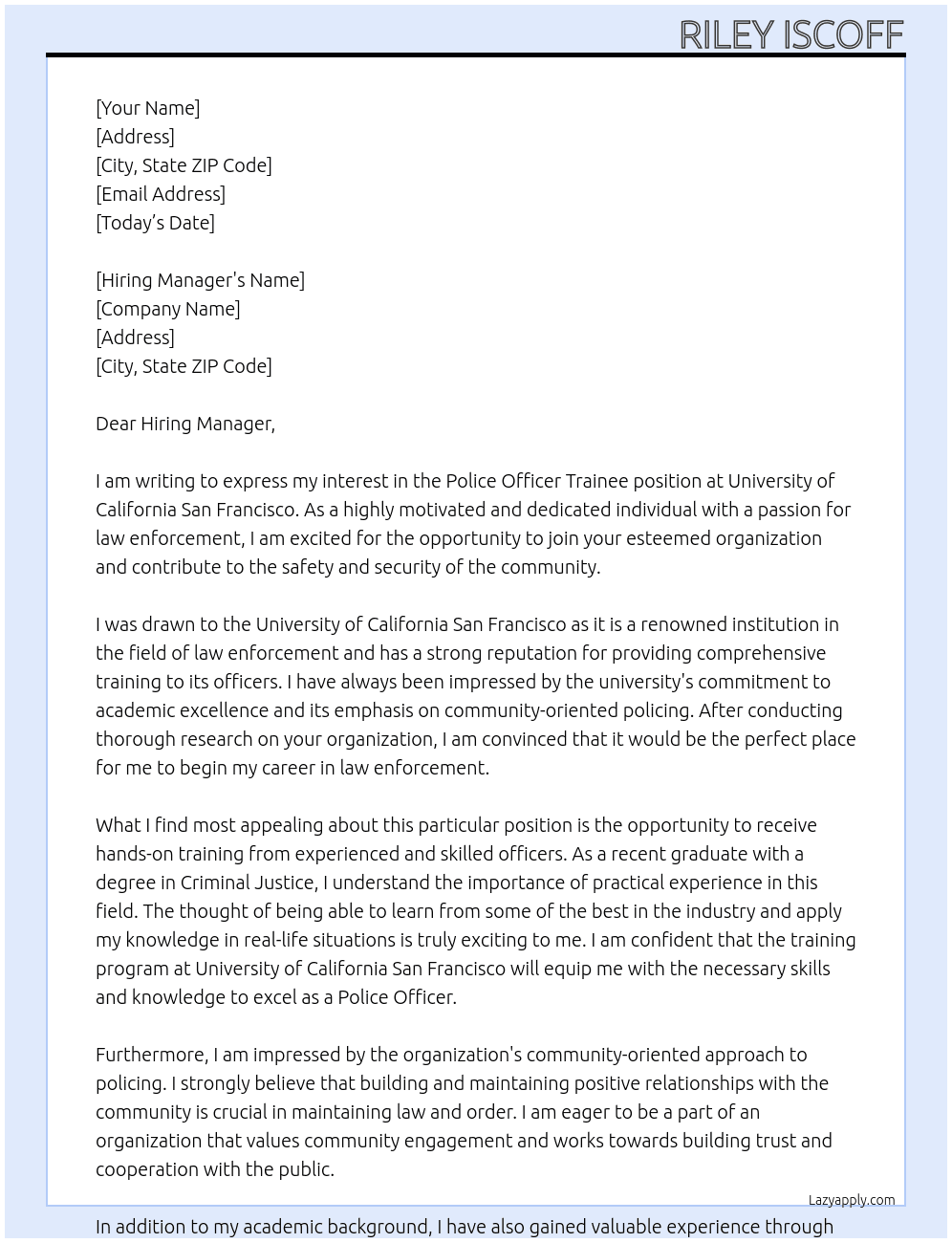 Police Officer Trainee At University of Calfornia San Francisco  Cover Letter
