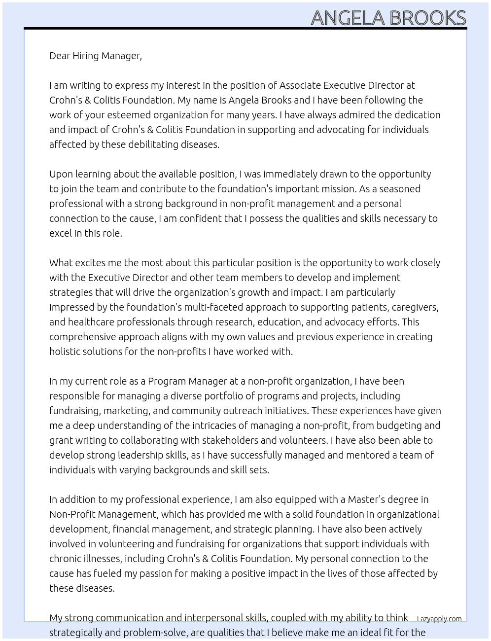 Associate Executive Director  At Crohn's & Colitis Foundation Cover Letter