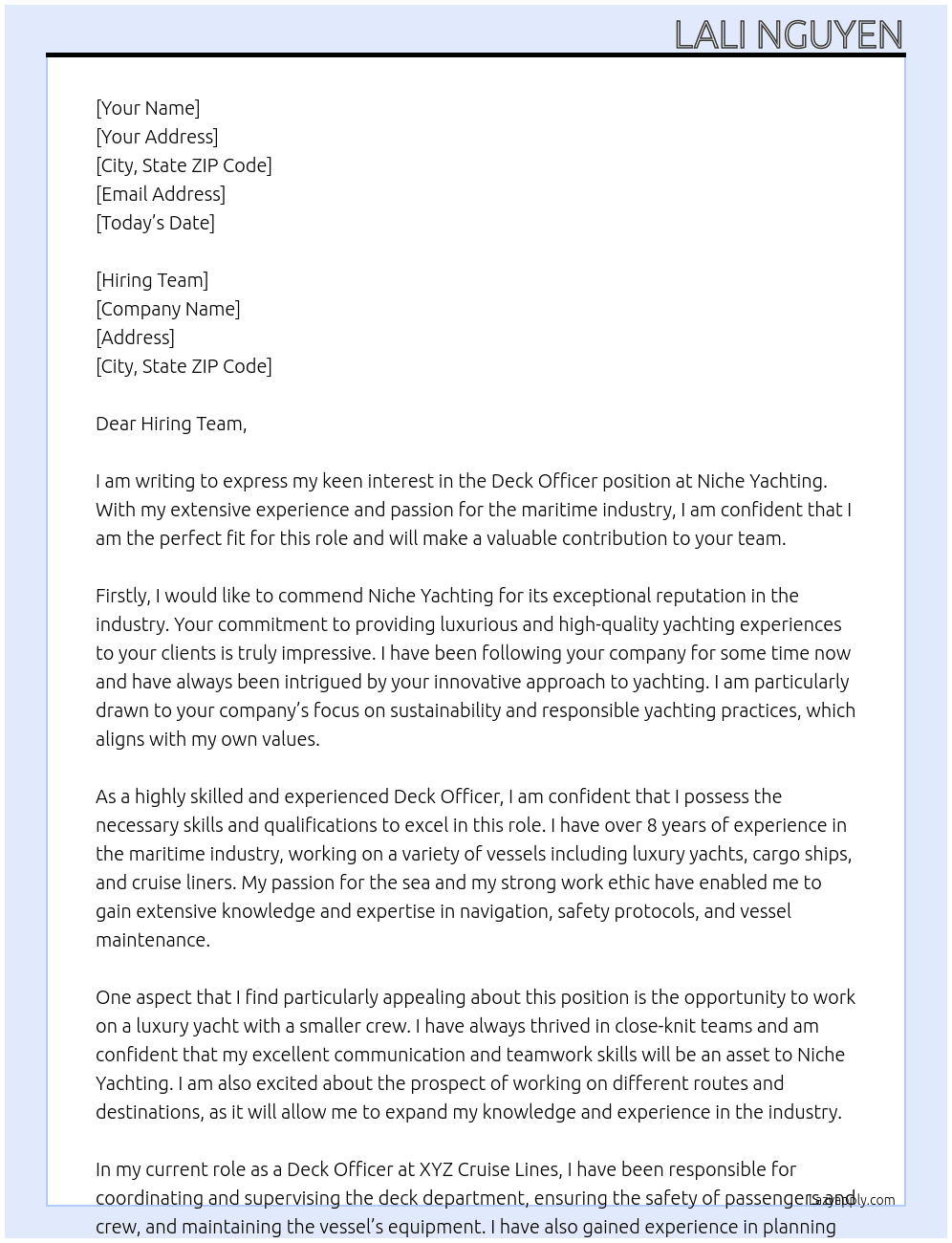 Deck Officer At Niche Yachting Cover Letter
