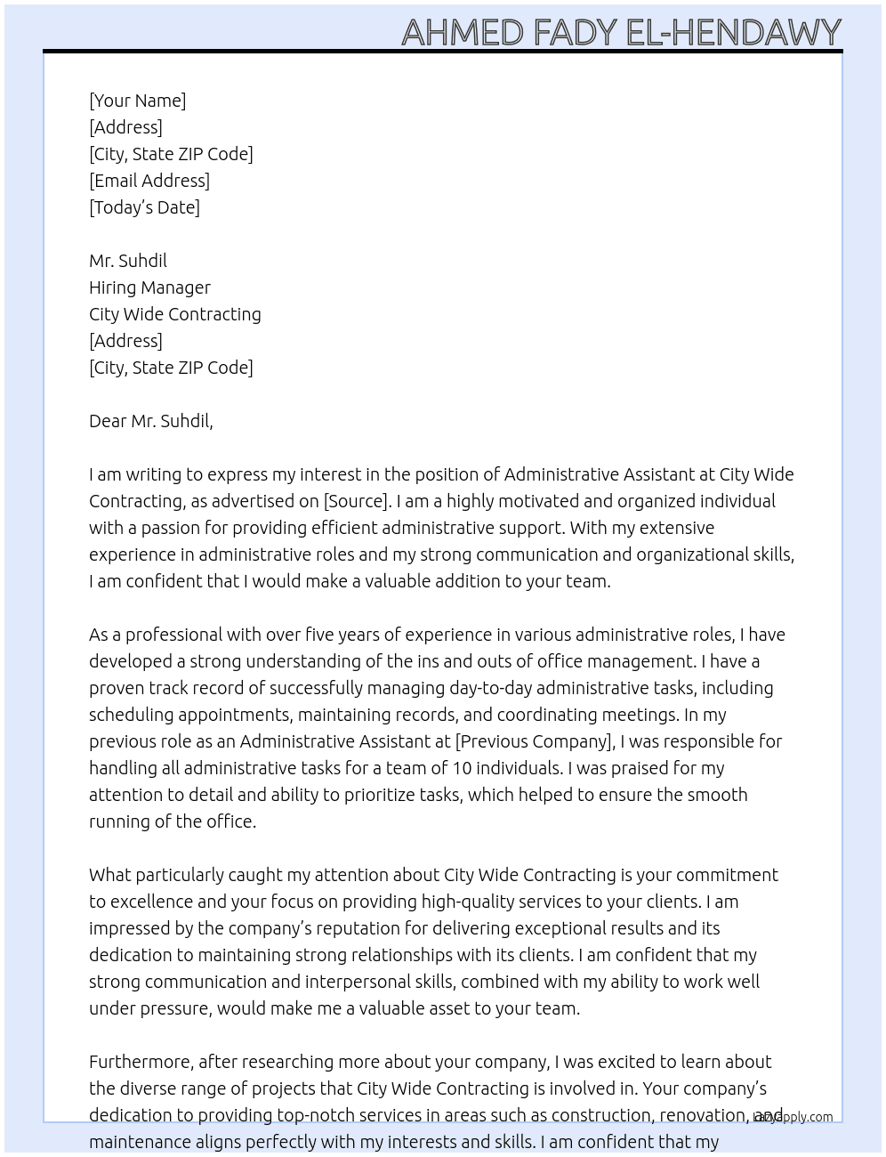 Administrative Assisrant At City Wide Contracting  Cover Letter