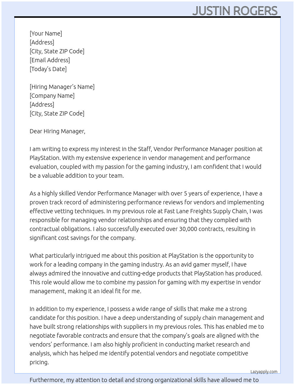 Staff, Vendor Performance Manager At PlayStation Cover Letter