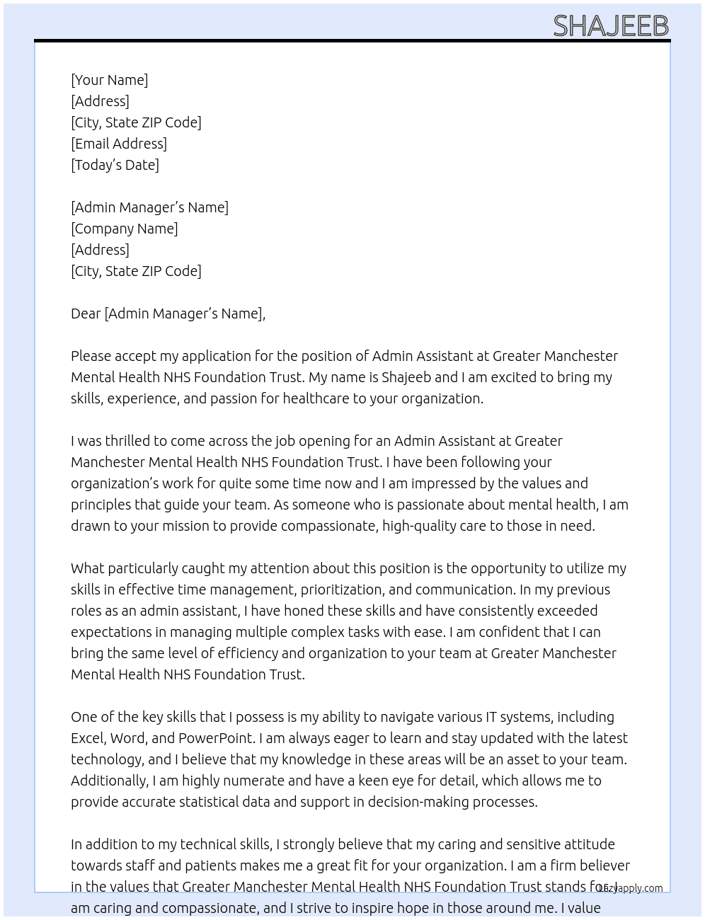 Admin Assistant At Greater Manchester Mental Health NHS Foundation Trust Cover Letter