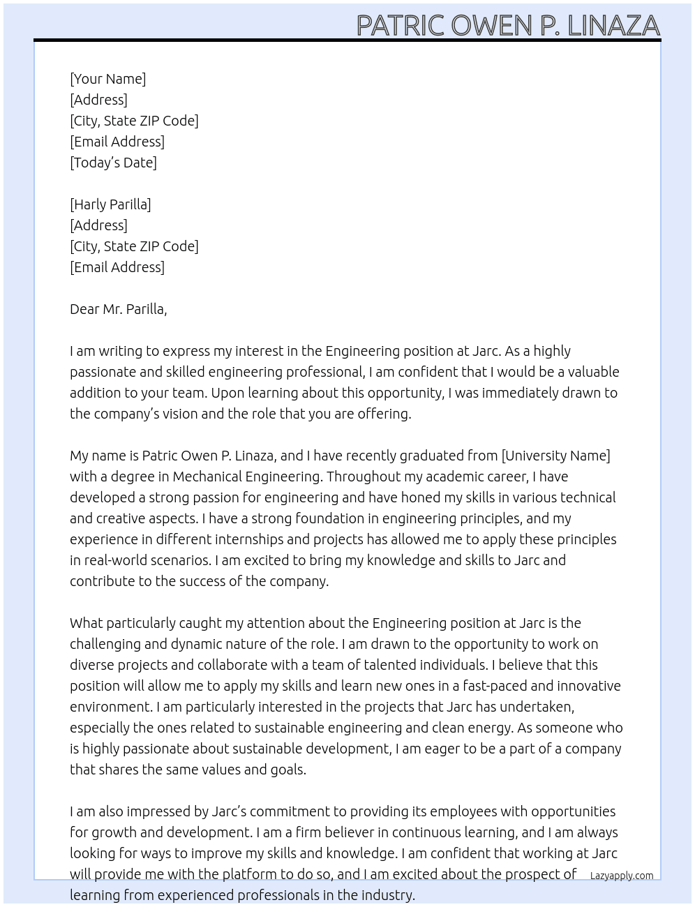 engineering At Jarc Cover Letter