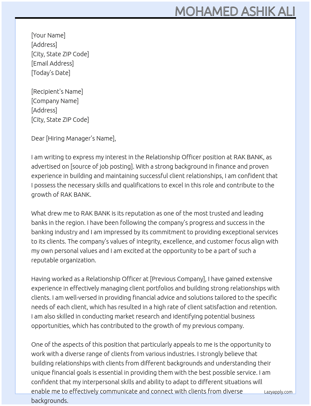 Relationship officer  At RAK BANK  Cover Letter