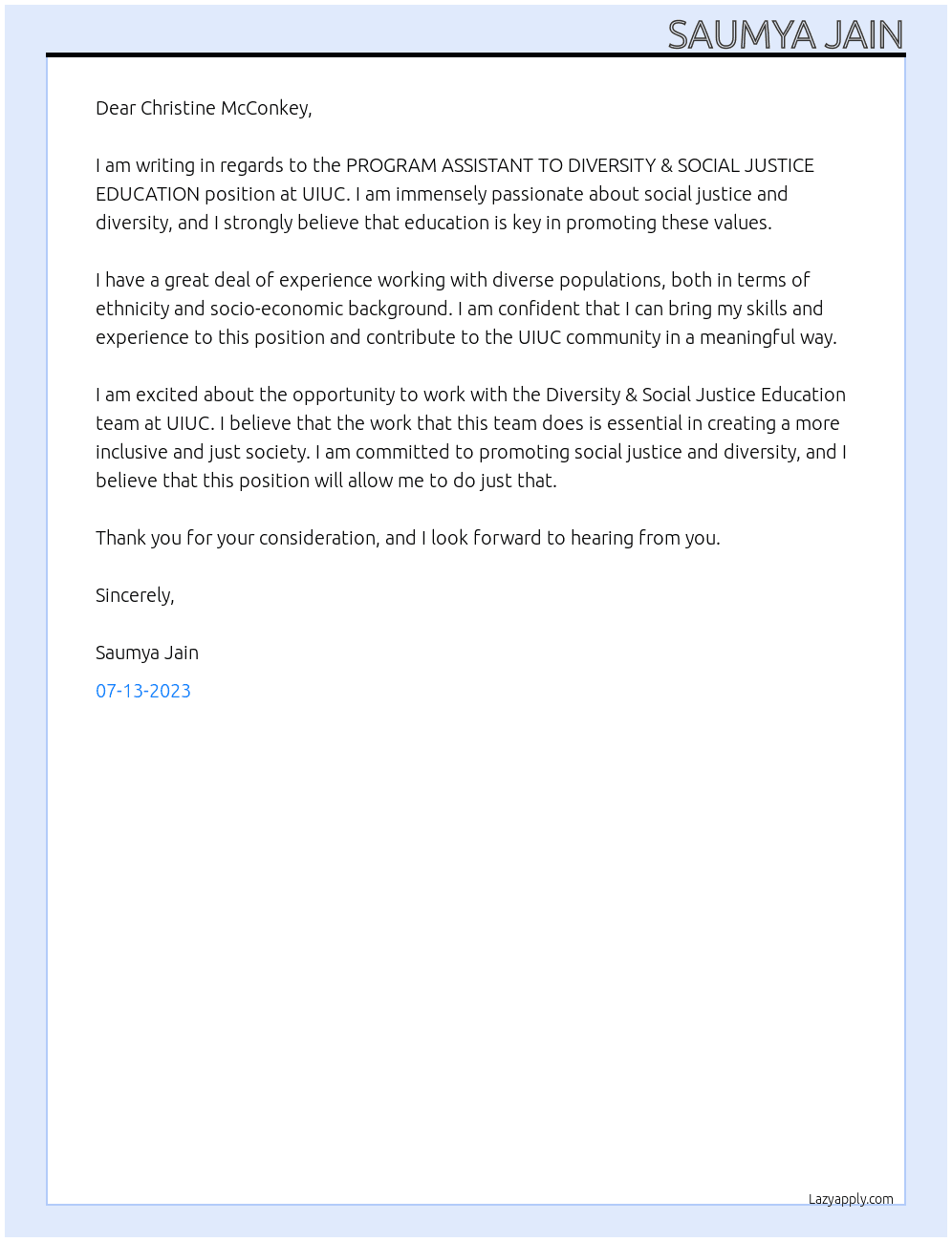 PROGRAM ASSISTANT TO DIVERSITY & SOCIAL JUSTICE EDUCATION At UIUC Cover Letter