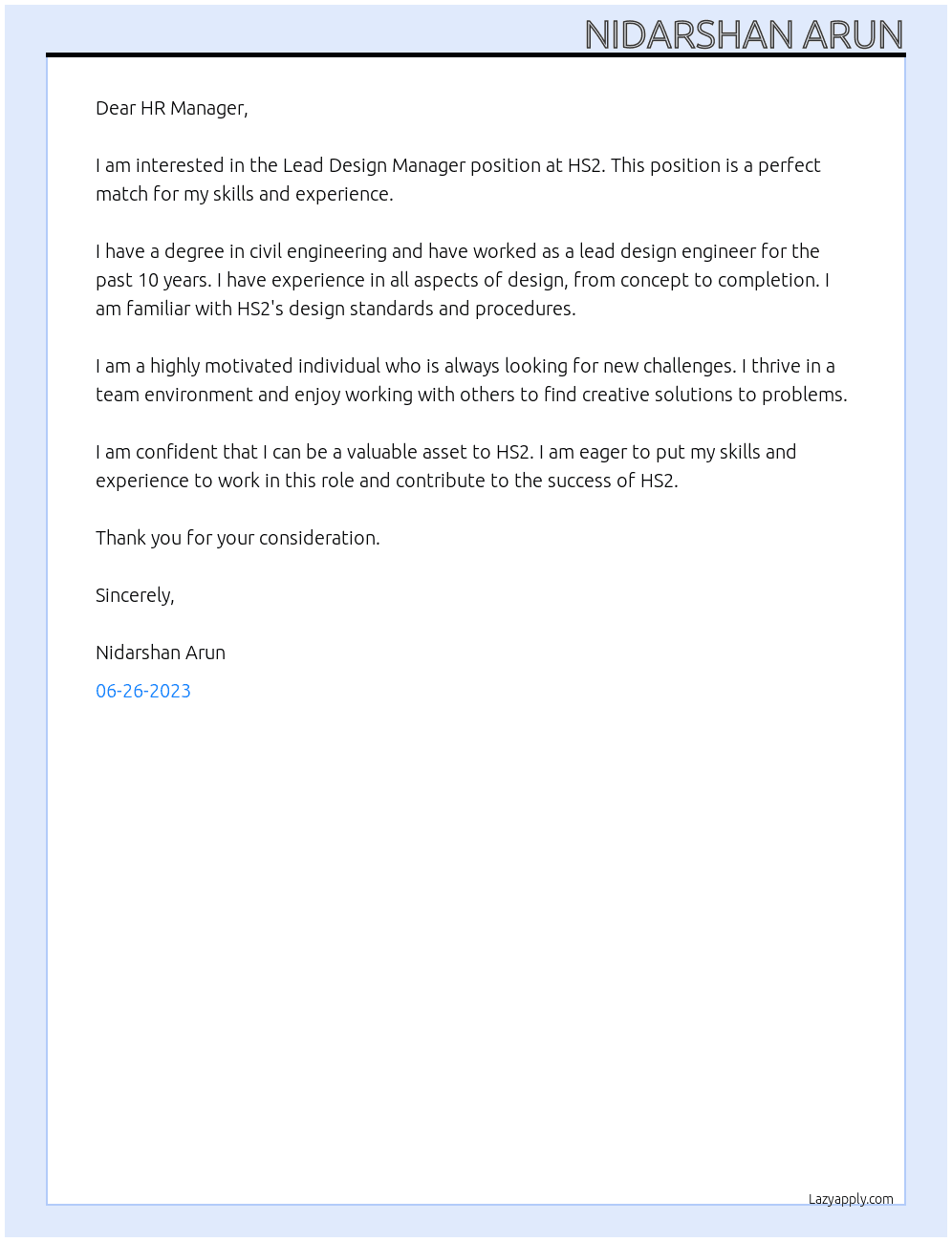 Lead Design Manager At HS2 Cover Letter