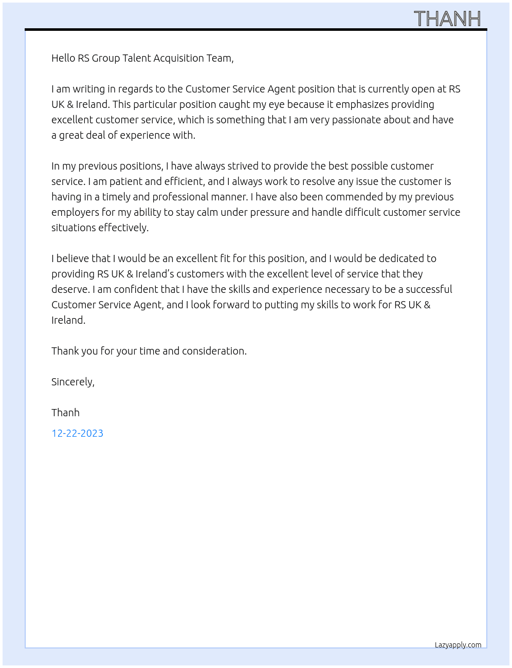 Customer Service Agent At RS UK & Ireland Cover Letter