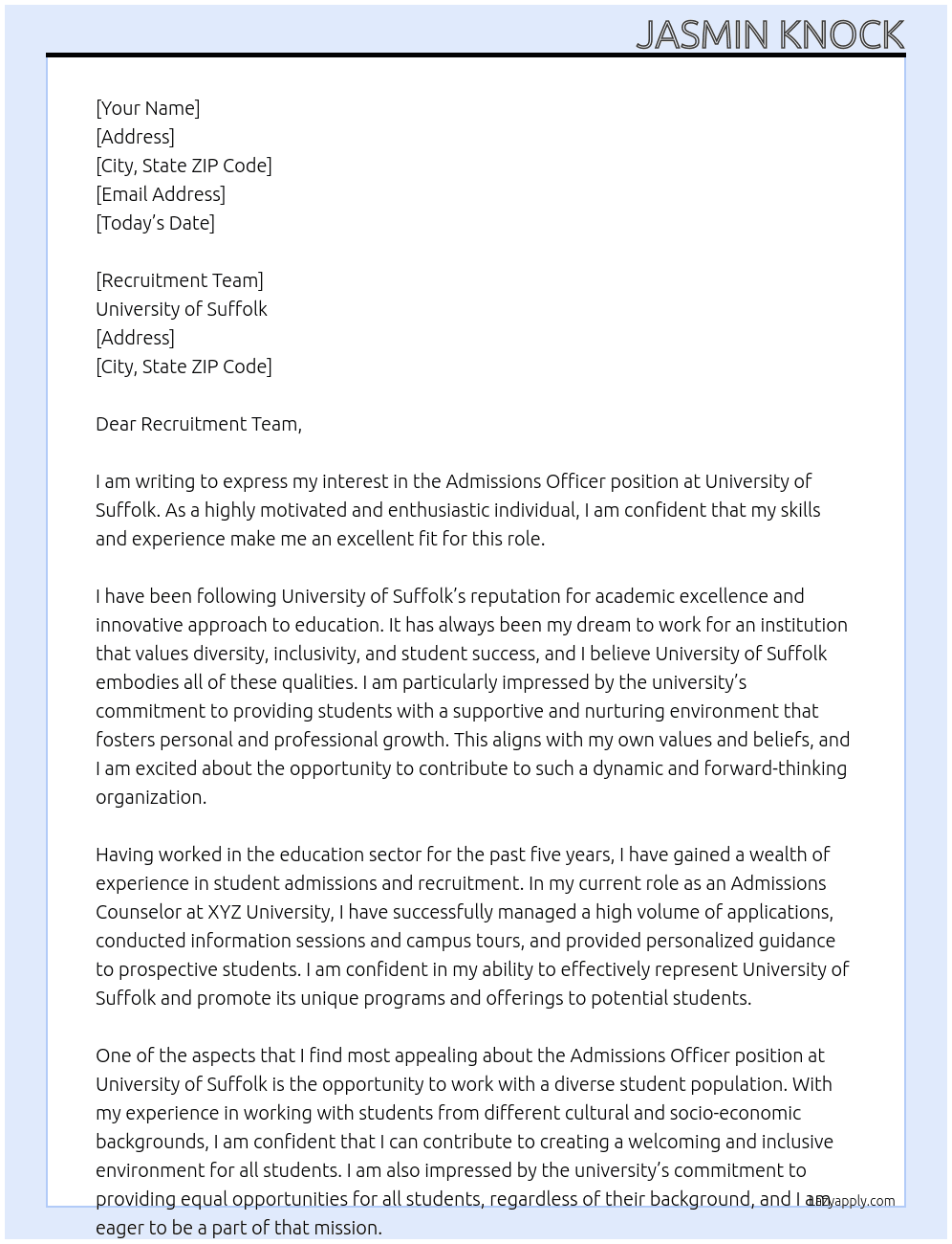 Admissions Officer At University of Suffolk Cover Letter