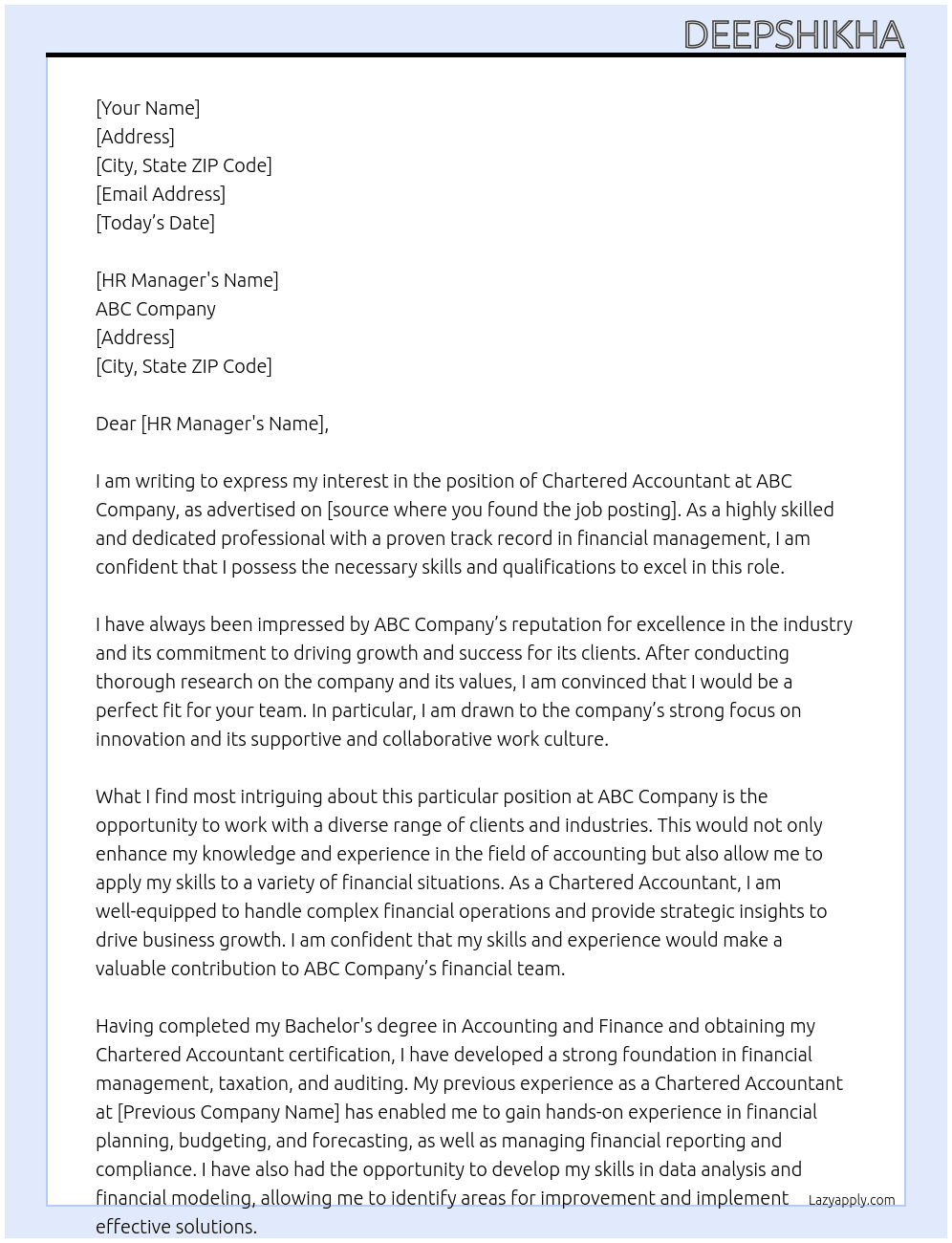 CHARTERED ACCOUNTANT At ABC COMPANY Cover Letter