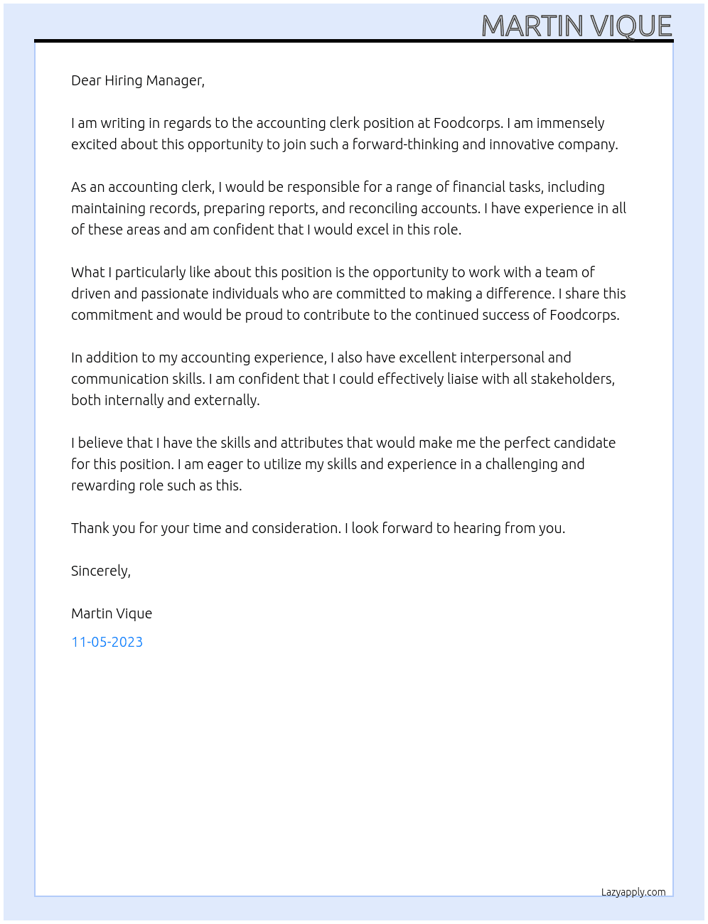 Accounting clerk At Foodcorps Cover Letter