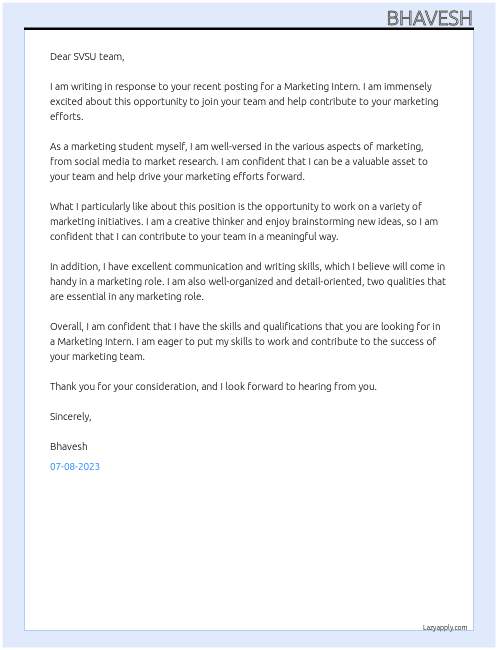Marketing Intern At SVSU Cover Letter