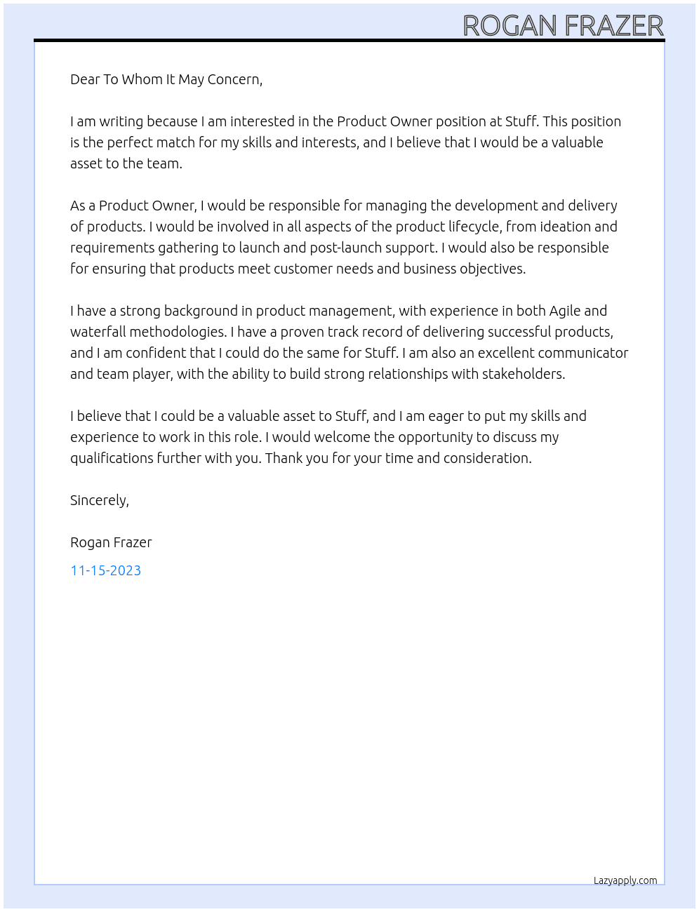 Product Owner At Stuff Cover Letter