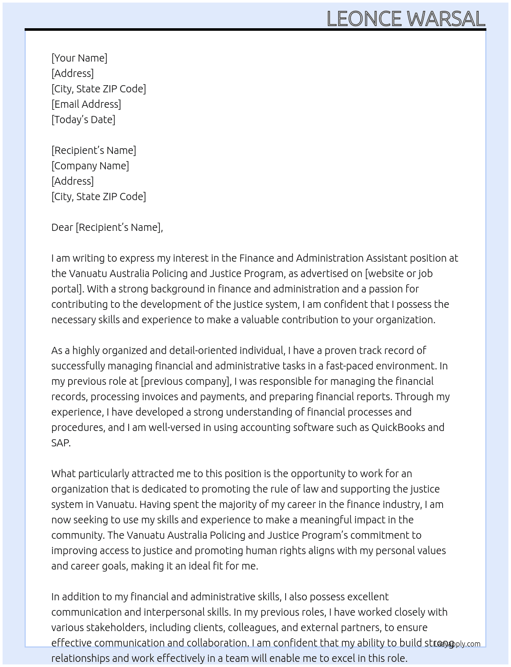 finamce and administrattion assistant At vanuatu australia policing and justice program Cover Letter