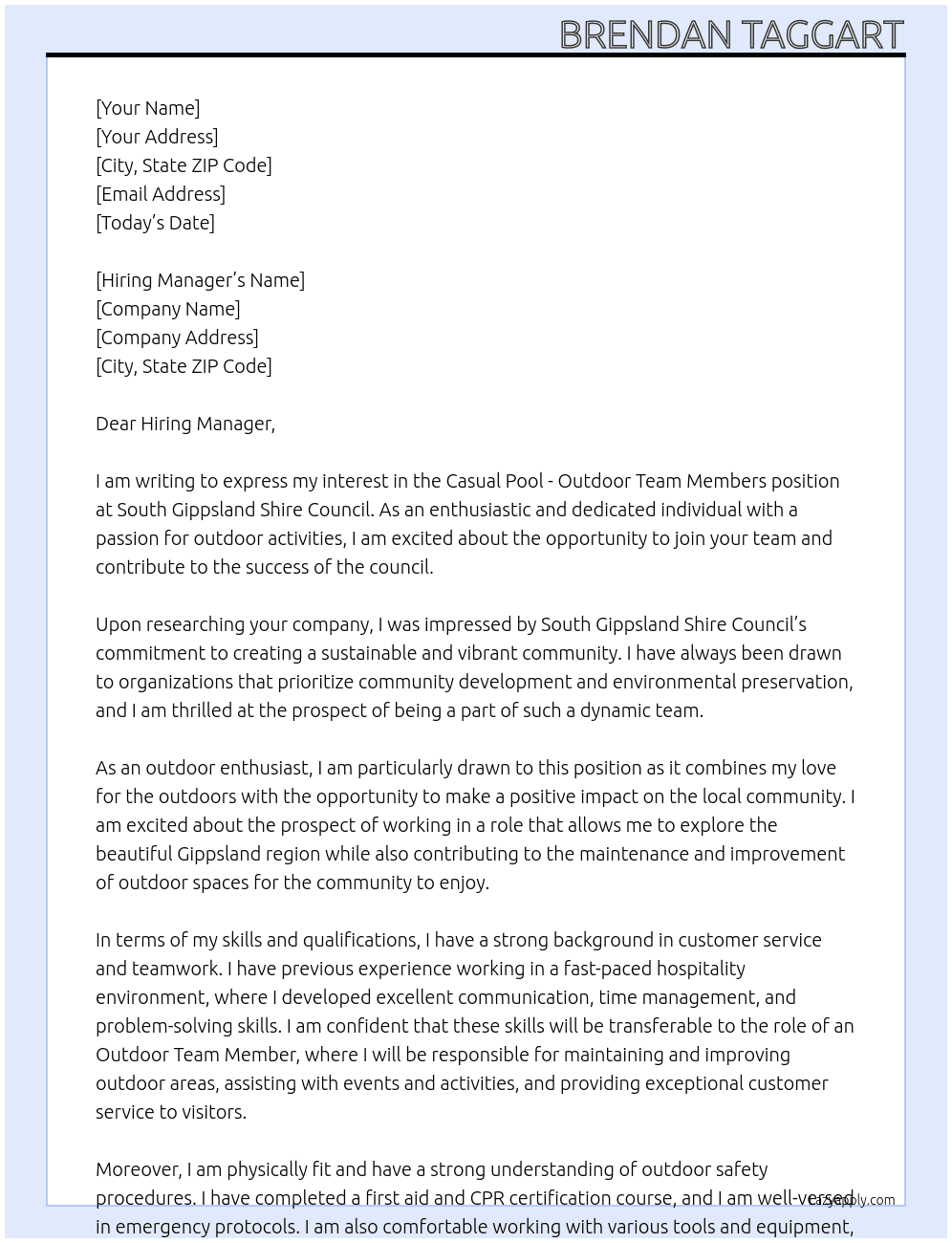 Casual Pool - Outdoor Team Members At South Gippsland Shire Council Cover Letter