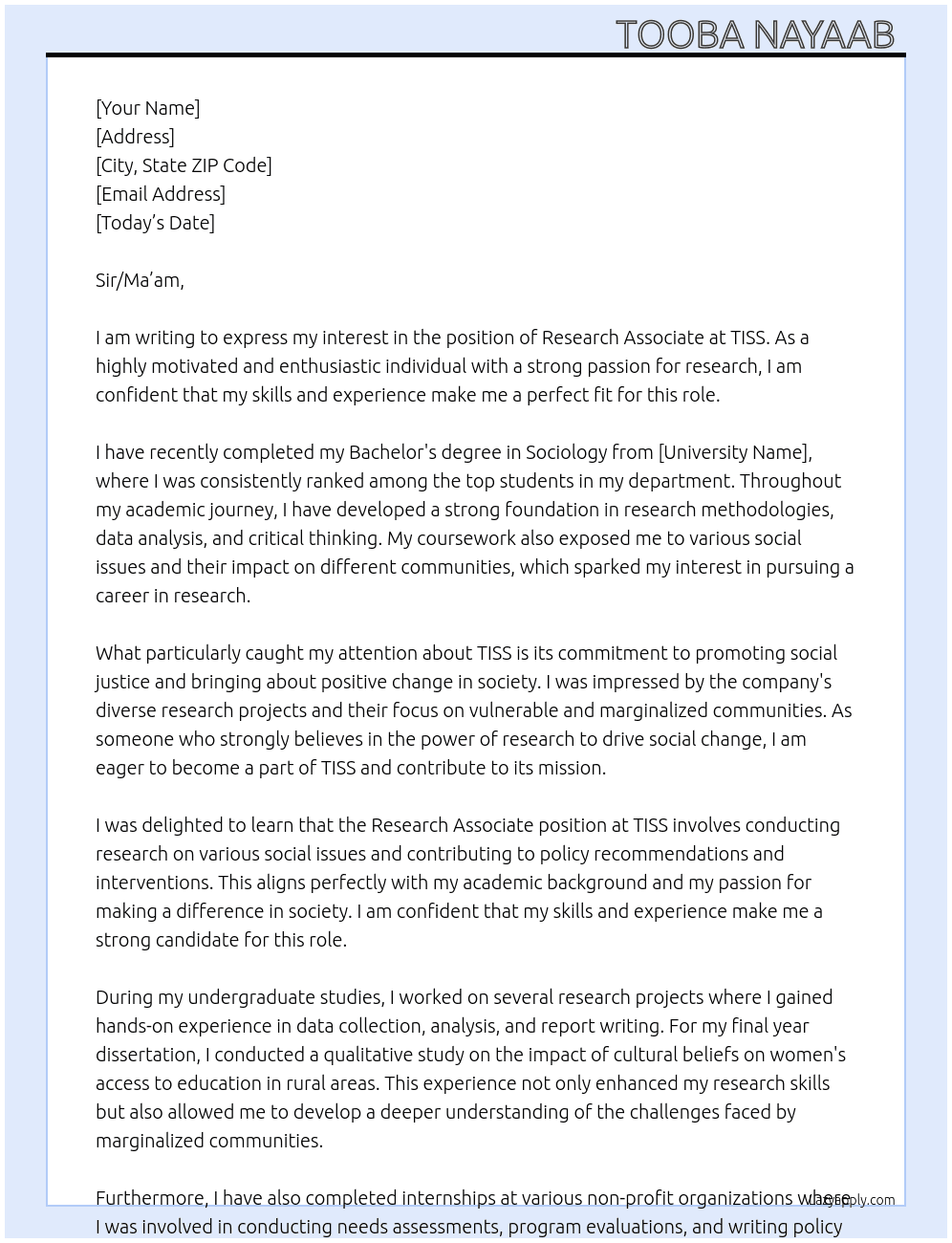 Research associate  At TISS Cover Letter