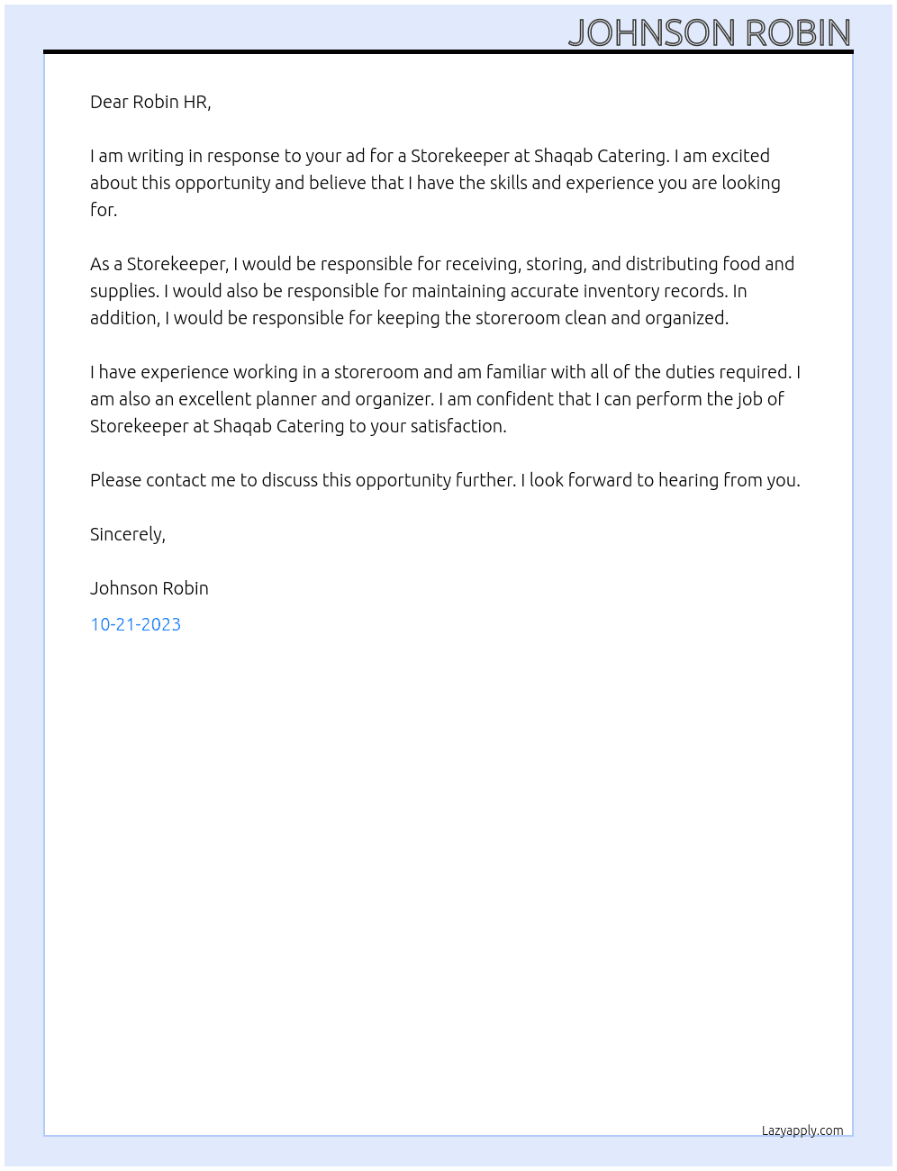 STOREKEEPER At SHAQAB CATERING CMPAN Cover Letter