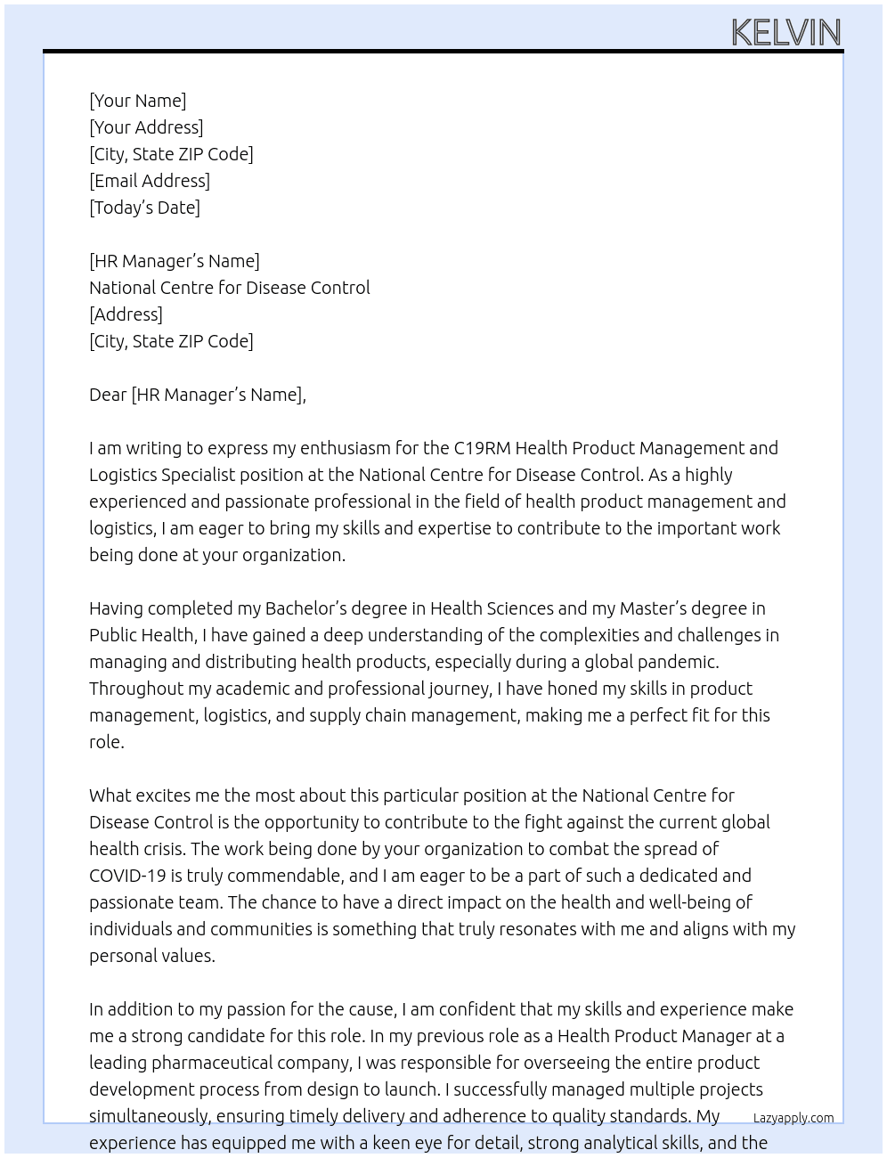 C19RM Health Product Management and Logistics Specialist At National Centre for disease control Cover Letter