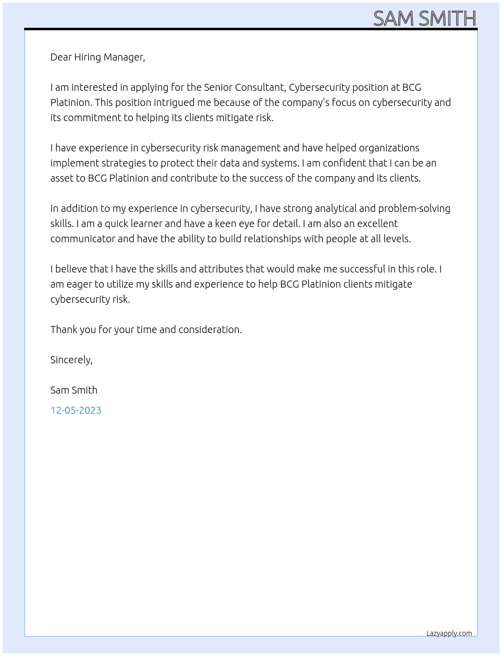 Senior Consultant, Cybersecurity At BCG Platinion Cover Letter