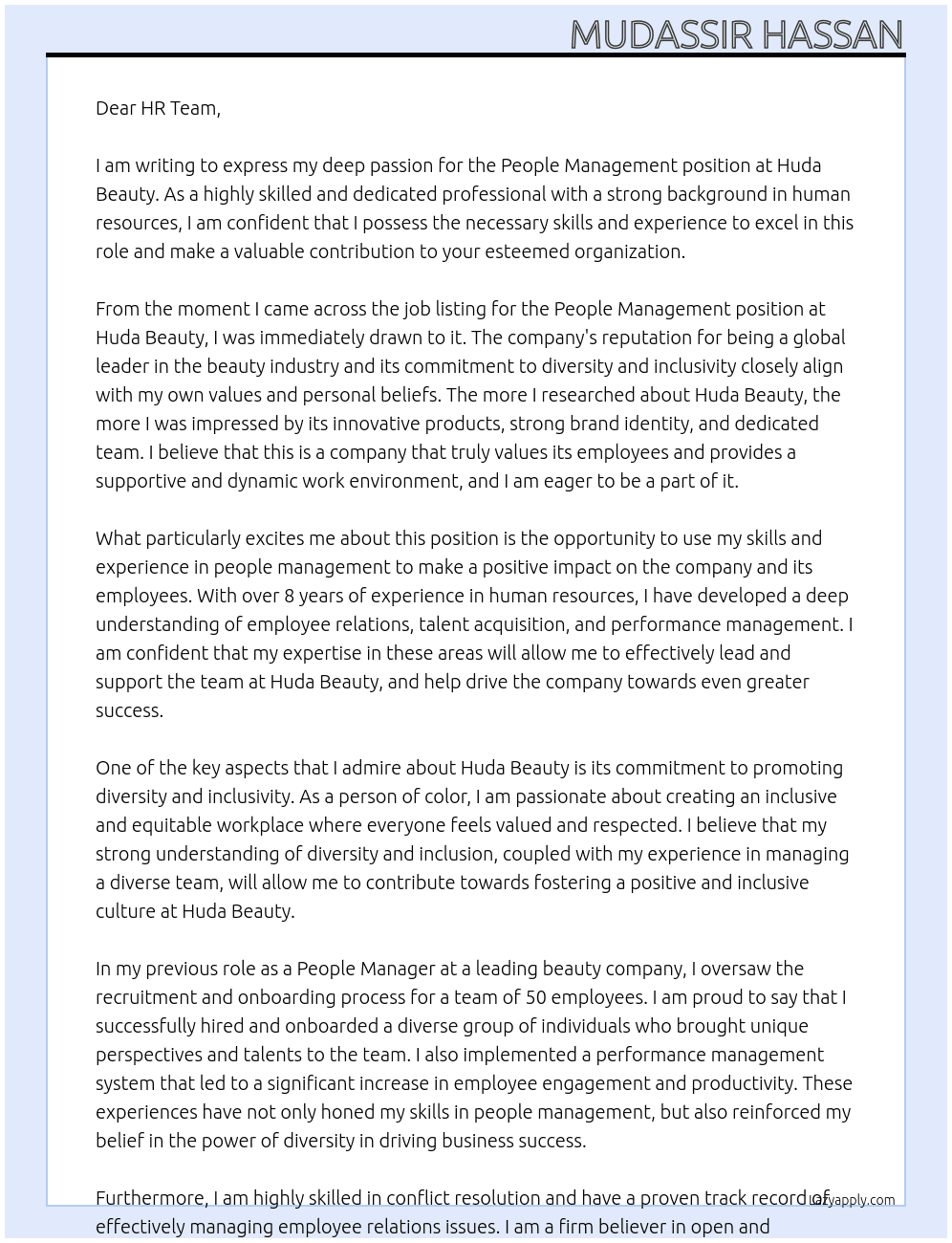 People Management At Huda Beauty Cover Letter